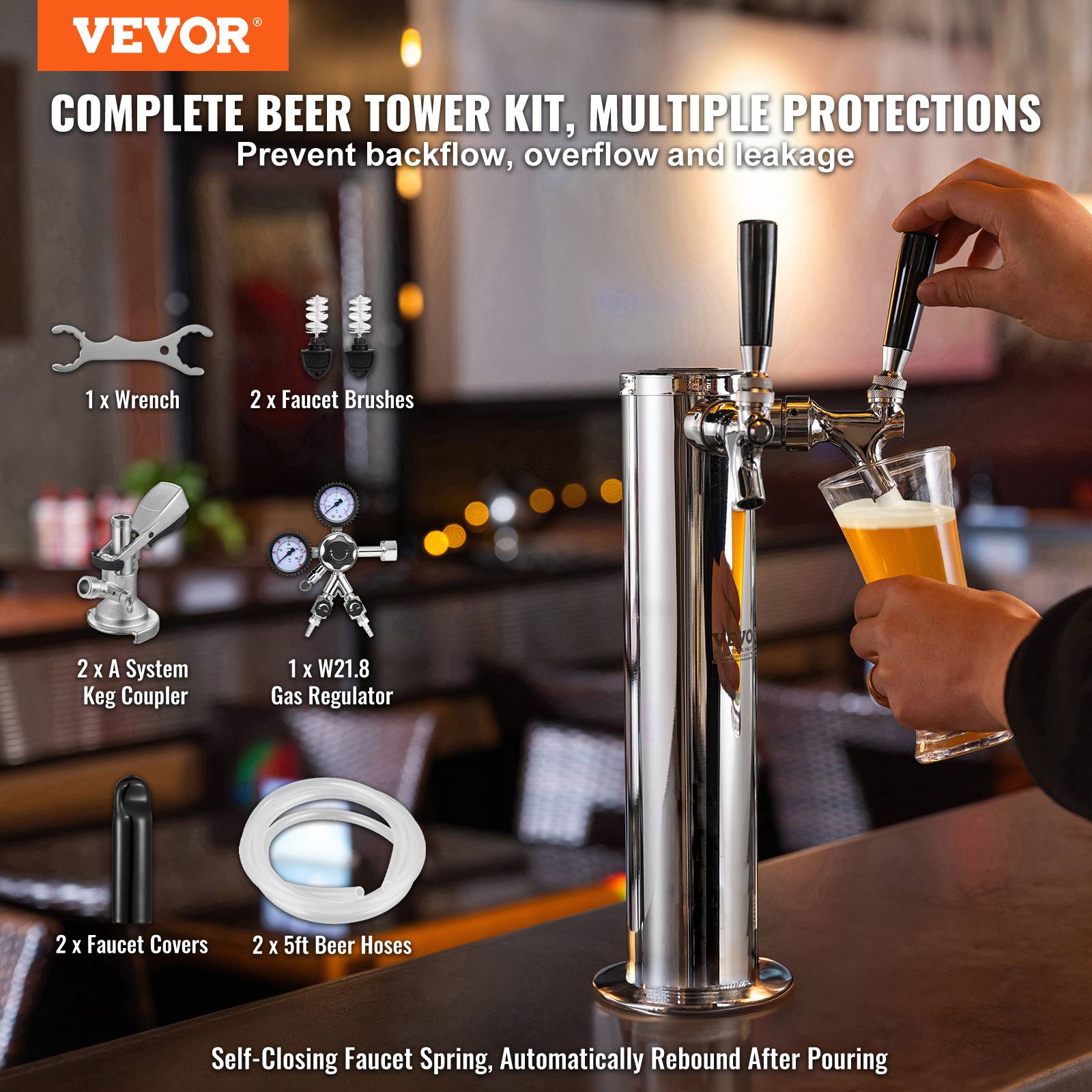 VEVOR Kit colonne bière 2 robinets, inox, régulateur double jauge. Coupleur système A, bar. - Image 2