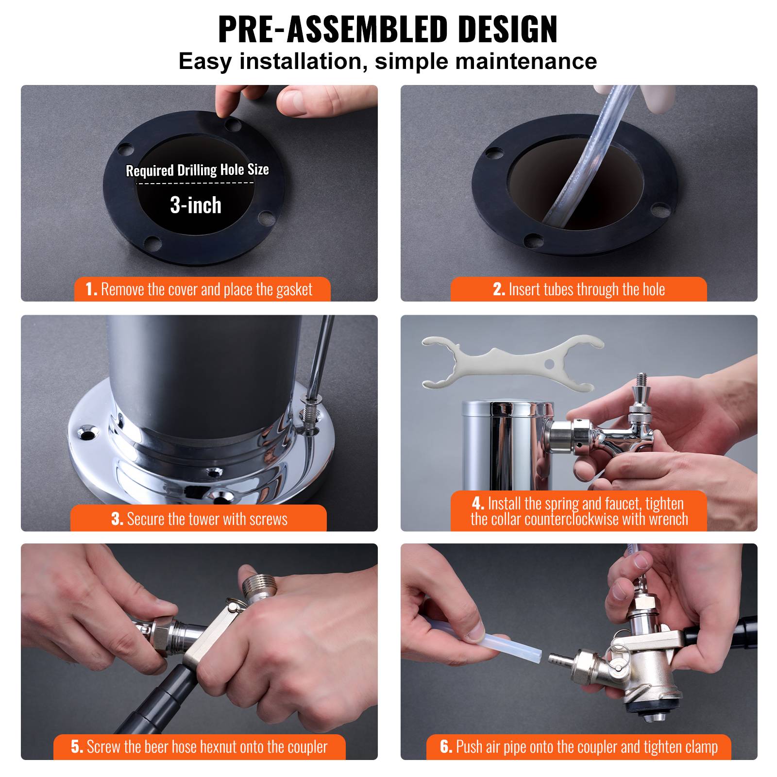 VEVOR Kit colonne bière 2 robinets, inox, régulateur double jauge. Coupleur système A, bar. - Image 6