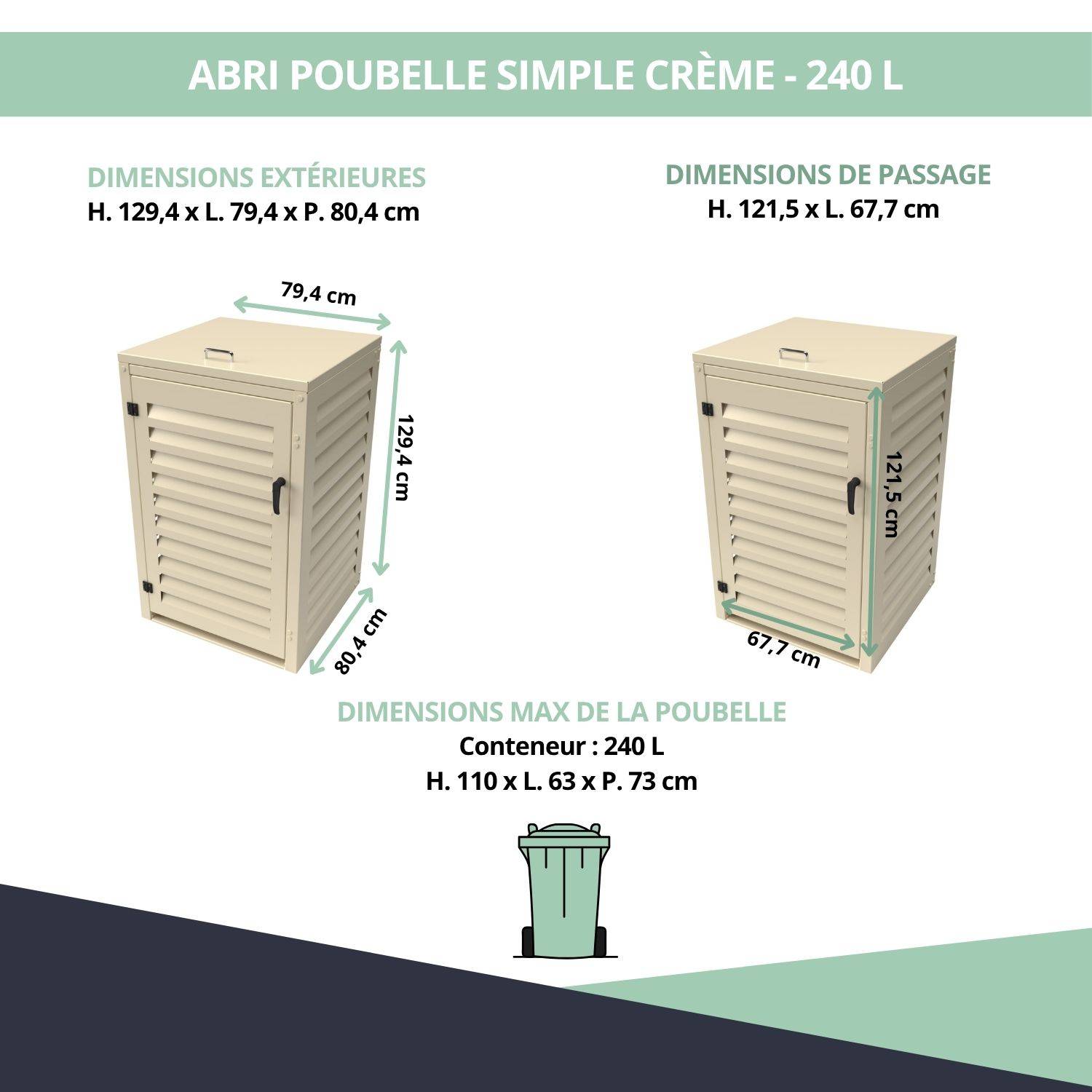 Cache Poubelle Extérieur Simple en Aluminium thermolaqué - Abri pour 1 conteneur 240 Litres – Crème RAL 1015 - Image 3