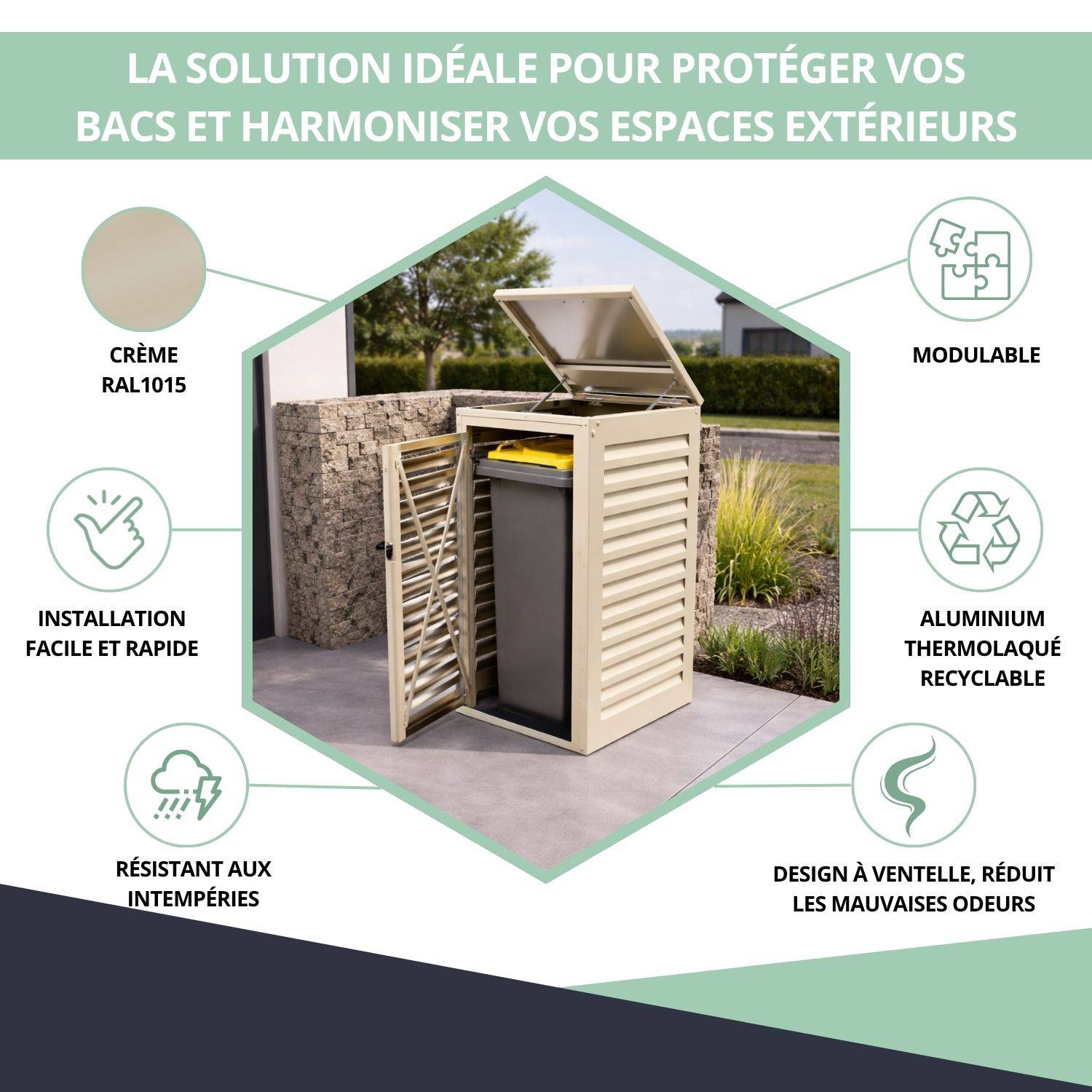 Cache Poubelle Extérieur Simple en Aluminium thermolaqué - Abri pour 1 conteneur 240 Litres – Crème RAL 1015 - Image 2