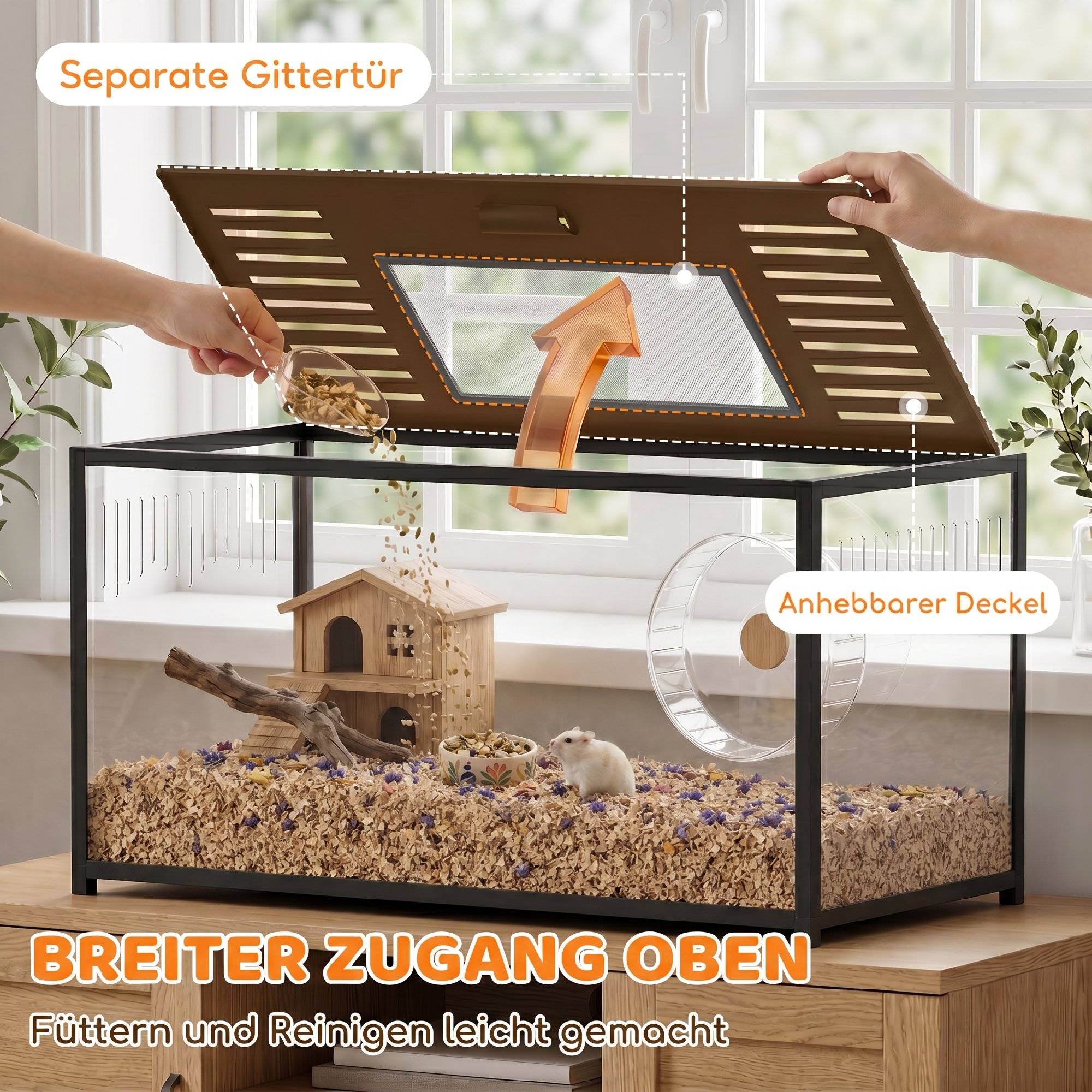 Grande cage hamster aluminium acrylique, couvercle ouvrable, bac profond, double porte, 100x50x52,5cm - Image 8