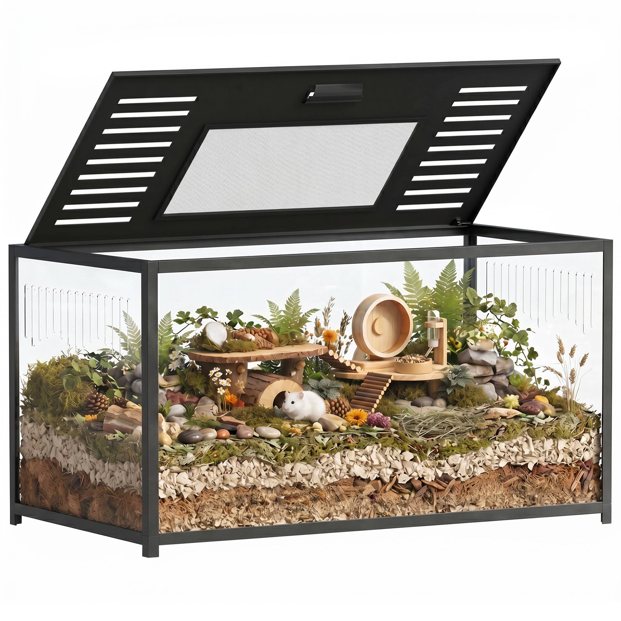Grande cage hamster aluminium acrylique, couvercle ouvrable, bac profond, double porte, 100x50x52,5cm - Image 1