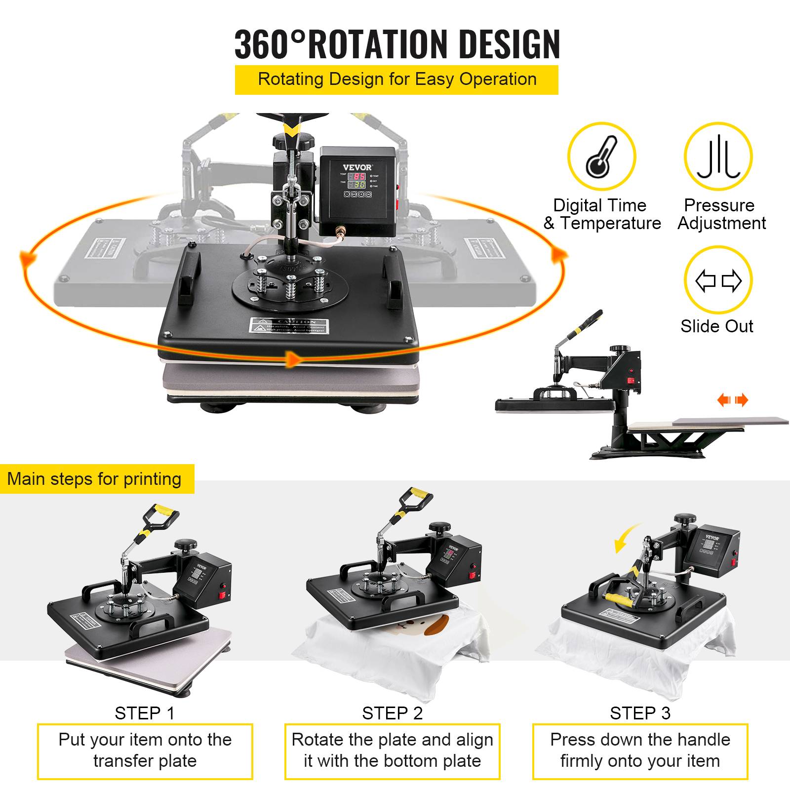 VEVOR Presse chaleur 8 en 1, 38x38cm, 1250W. Minuterie, contrôle température auto. Bricolage, sublimation. - Image 5