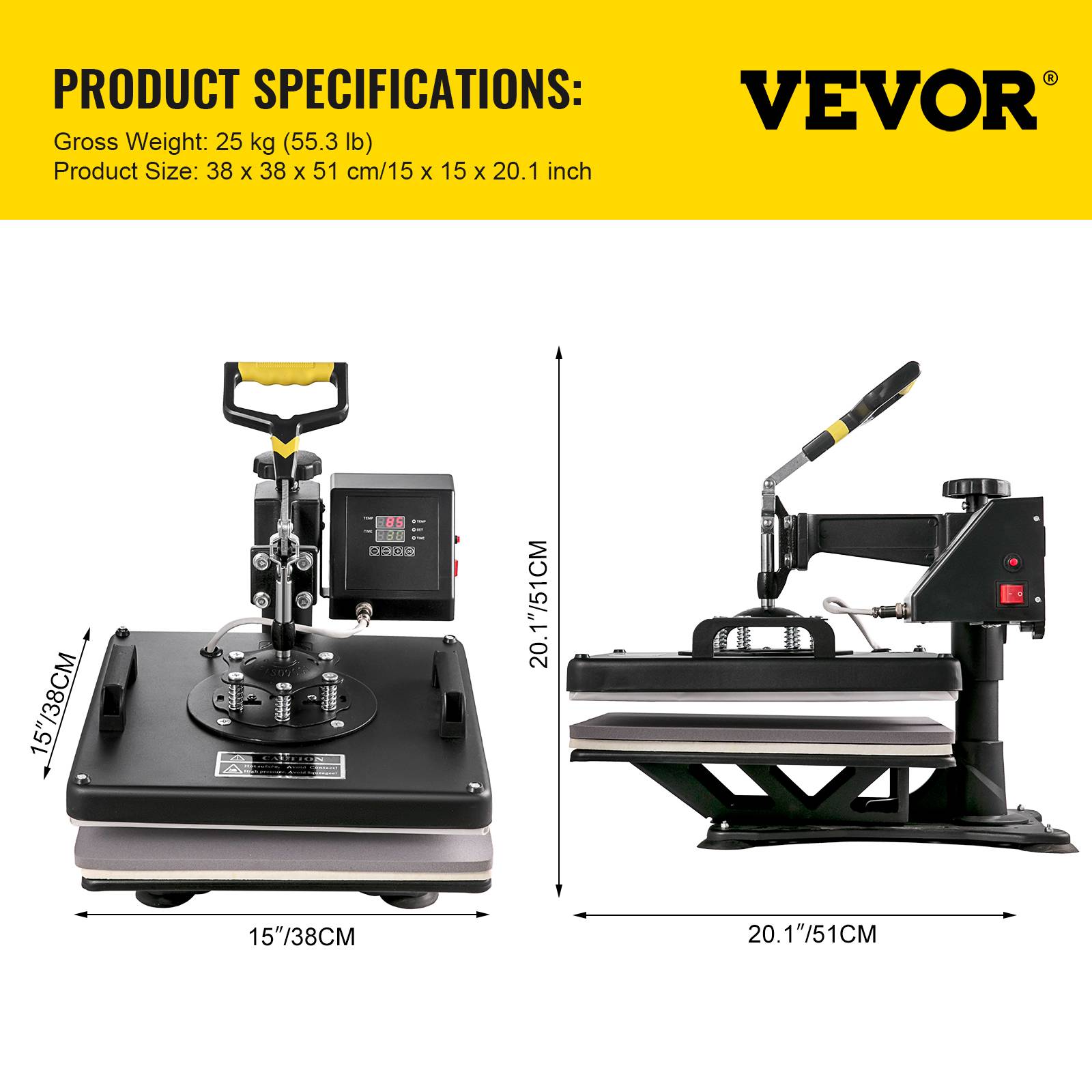 VEVOR Presse chaleur 8 en 1, 38x38cm, 1250W. Minuterie, contrôle température auto. Bricolage, sublimation. - Image 7