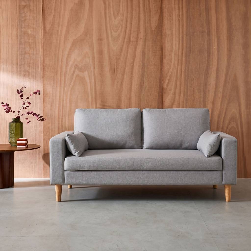 sweeek - Canapé en tissu gris clair - Bjorn - Canapé 3 places fixe droit pieds bois. style scandinave   | sweeek - Image 1