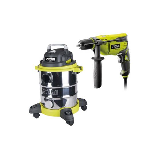 Ryobi - Pack RYOBI Aspirateur eau et poussière - 1250W - 20L - RVC-1220I-G - Perceuse à percussion - 800W - RPD800K - Image 1