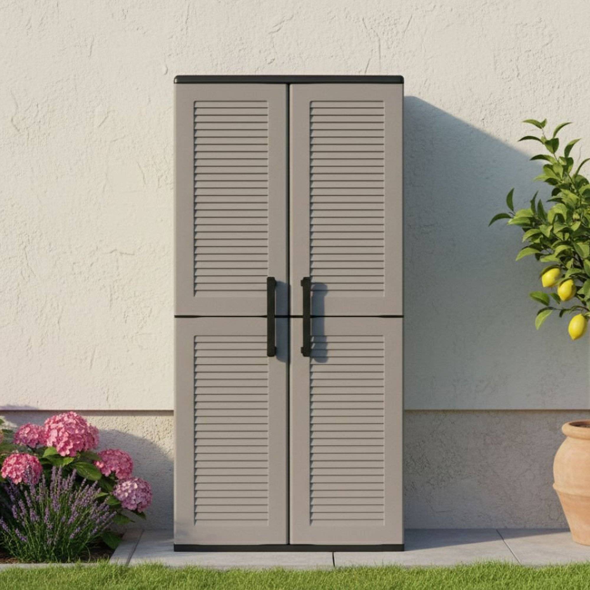 Dmora - Armoire d'extérieur Clavier, Meubles de balcon, Armoire polyvalente avec étagères, 100% Made in Italy, 68x37h163 cm, Gris et Noir, Finition rayée - Imagen 2