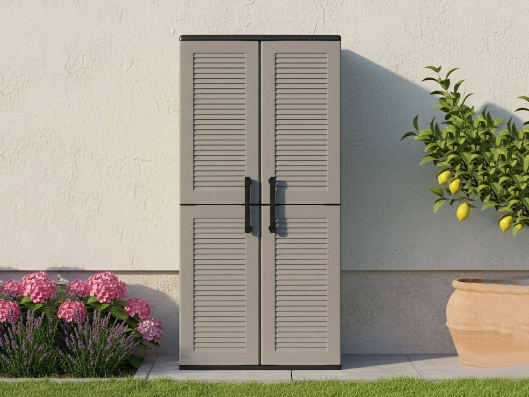 Dmora - Armoire d'extérieur Clavier, Meubles de balcon, Armoire polyvalente avec étagères, 100% Made in Italy, 68x37h163 cm, Gris et Noir, Finition rayée - Imagen 5