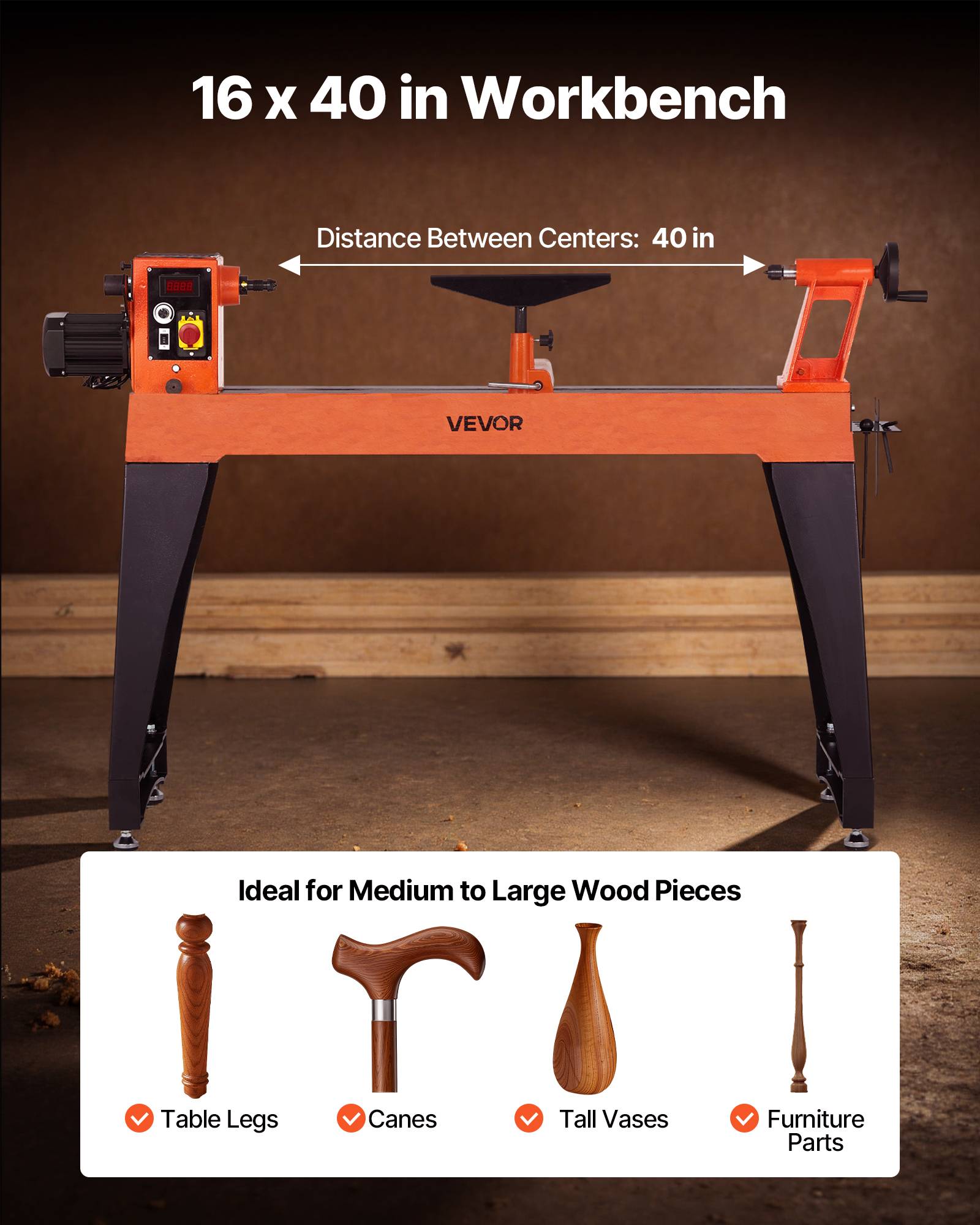 Vevor - VEVOR Tour à bois électrique 1100 W, 40,6 x 102 cm, vitesse variable 150-3200 tr/min, moteur CC sans balais, corps fonte, pieds verticaux - Image 3