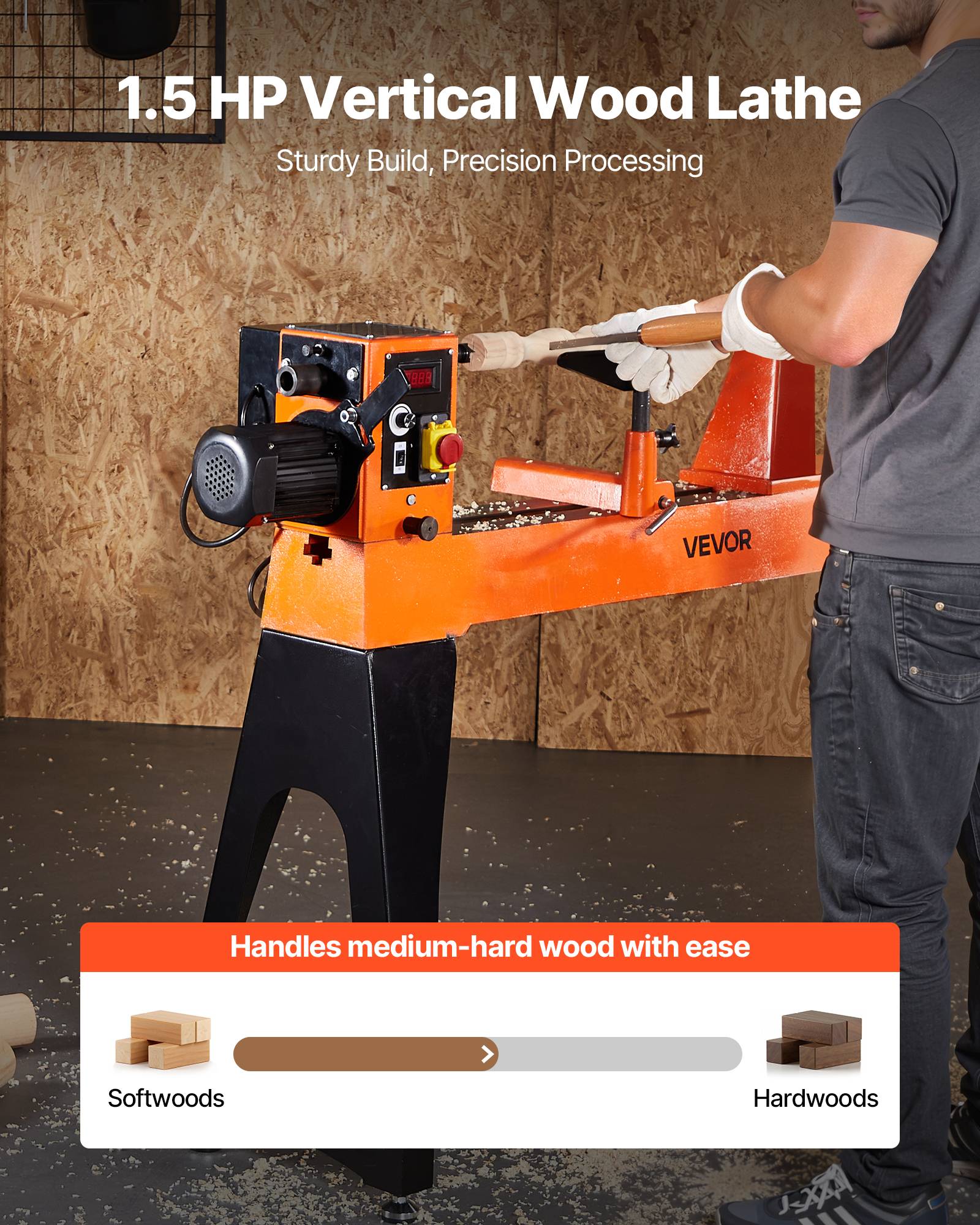 Vevor - VEVOR Tour à bois électrique 1100 W, 40,6 x 102 cm, vitesse variable 150-3200 tr/min, moteur CC sans balais, corps fonte, pieds verticaux - Image 2