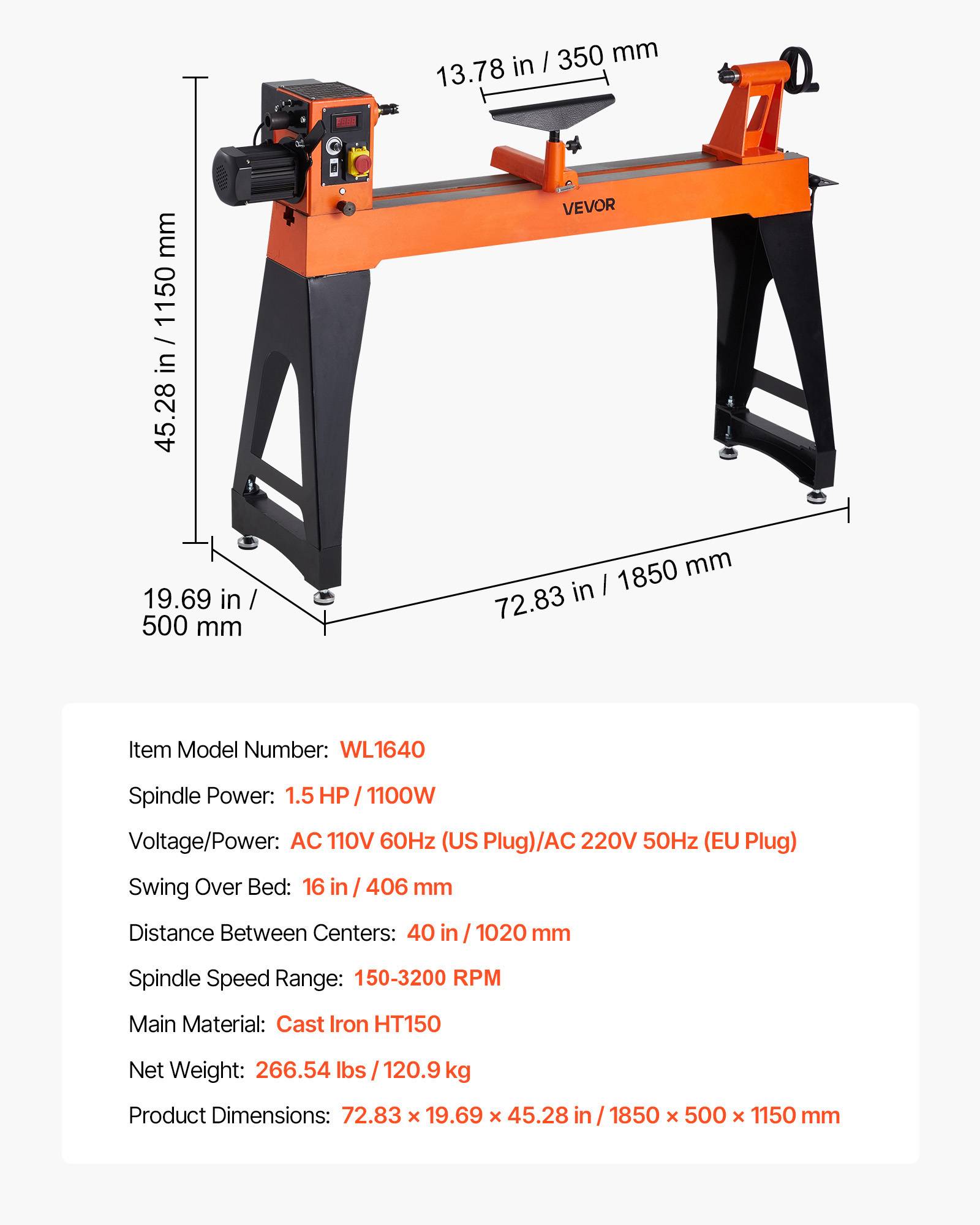 Vevor - VEVOR Tour à bois électrique 1100 W, 40,6 x 102 cm, vitesse variable 150-3200 tr/min, moteur CC sans balais, corps fonte, pieds verticaux - Image 6