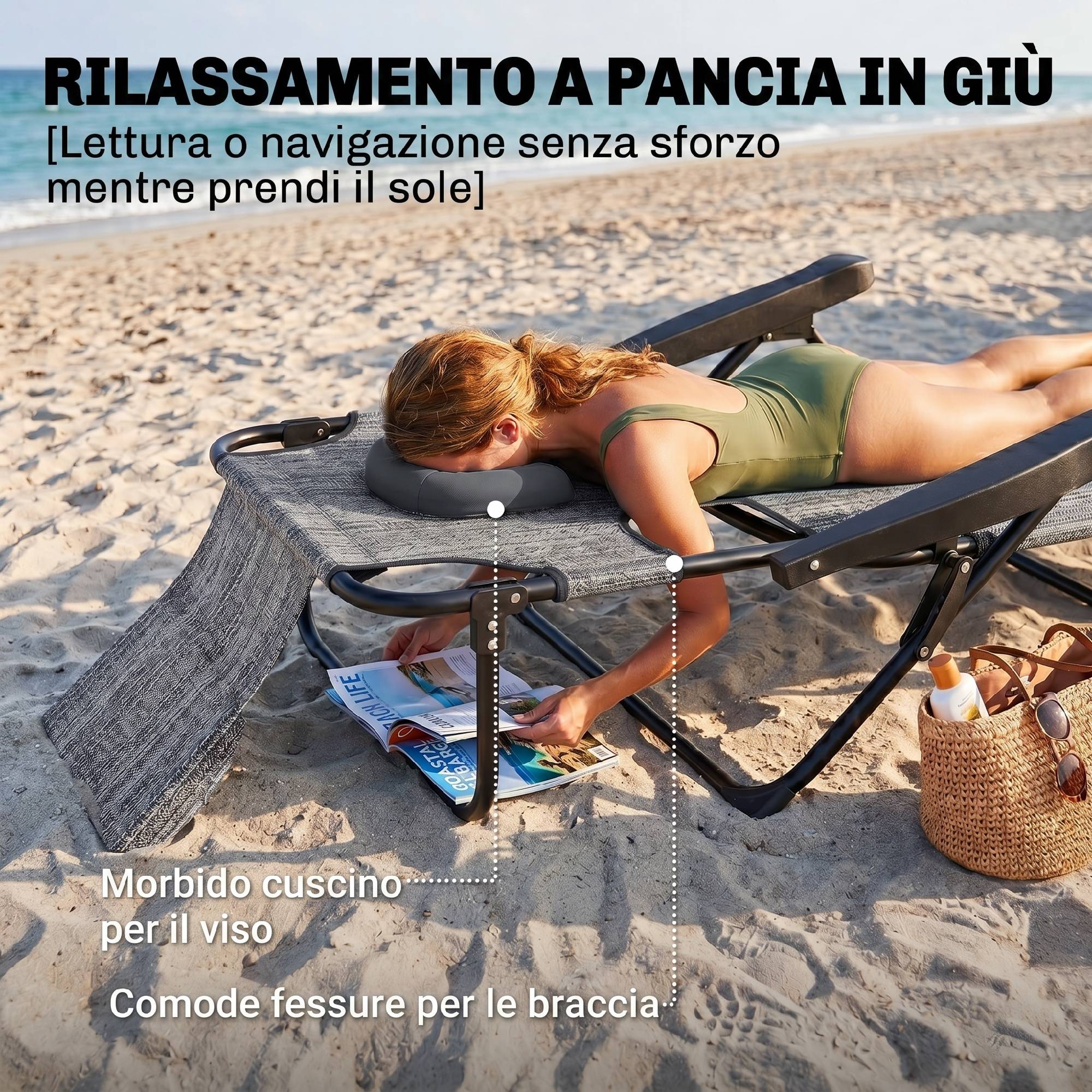 Transat de jardin pliable avec dossier réglable sur 4 positions, trou de lecture et appui-tête, 145 x 72 x 89 cm, gris - Image 6