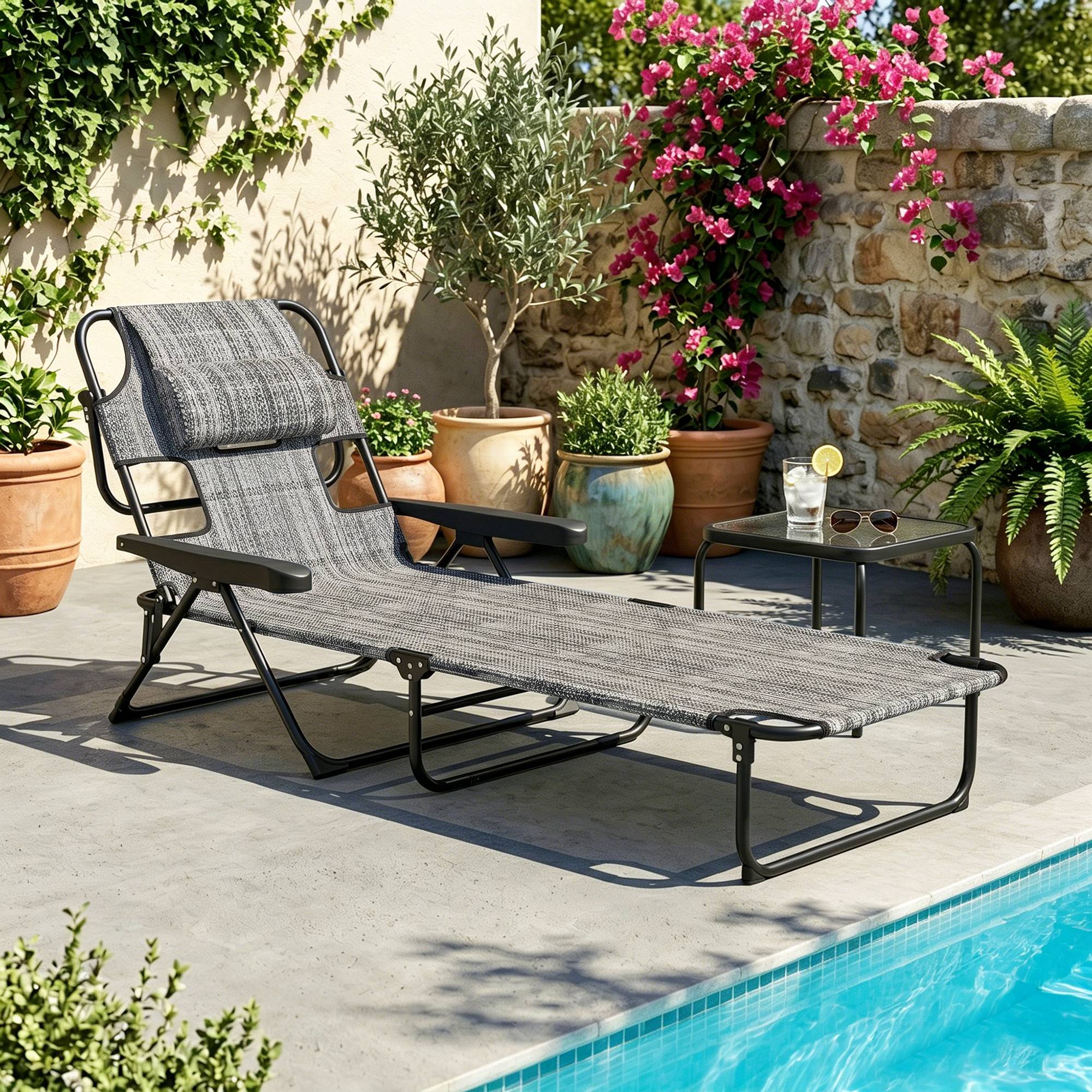 Transat de jardin pliable avec dossier réglable sur 4 positions, trou de lecture et appui-tête, 145 x 72 x 89 cm, gris - Image 4
