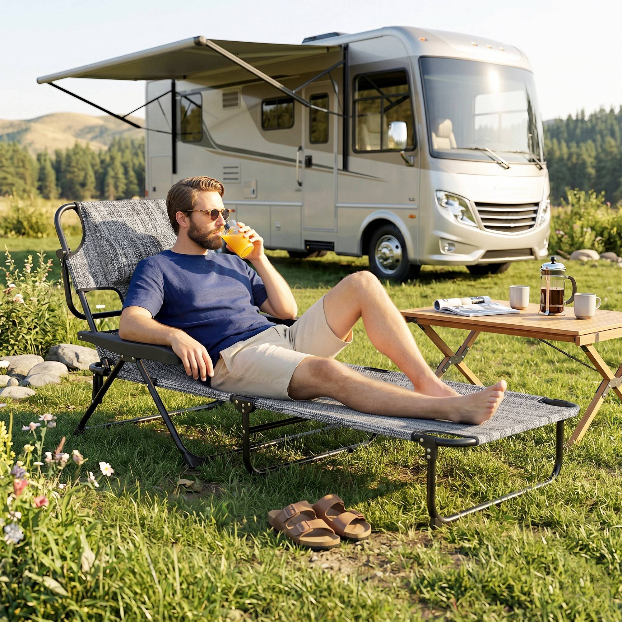Transat de jardin pliable avec dossier réglable sur 4 positions, trou de lecture et appui-tête, 145 x 72 x 89 cm, gris - Image 10
