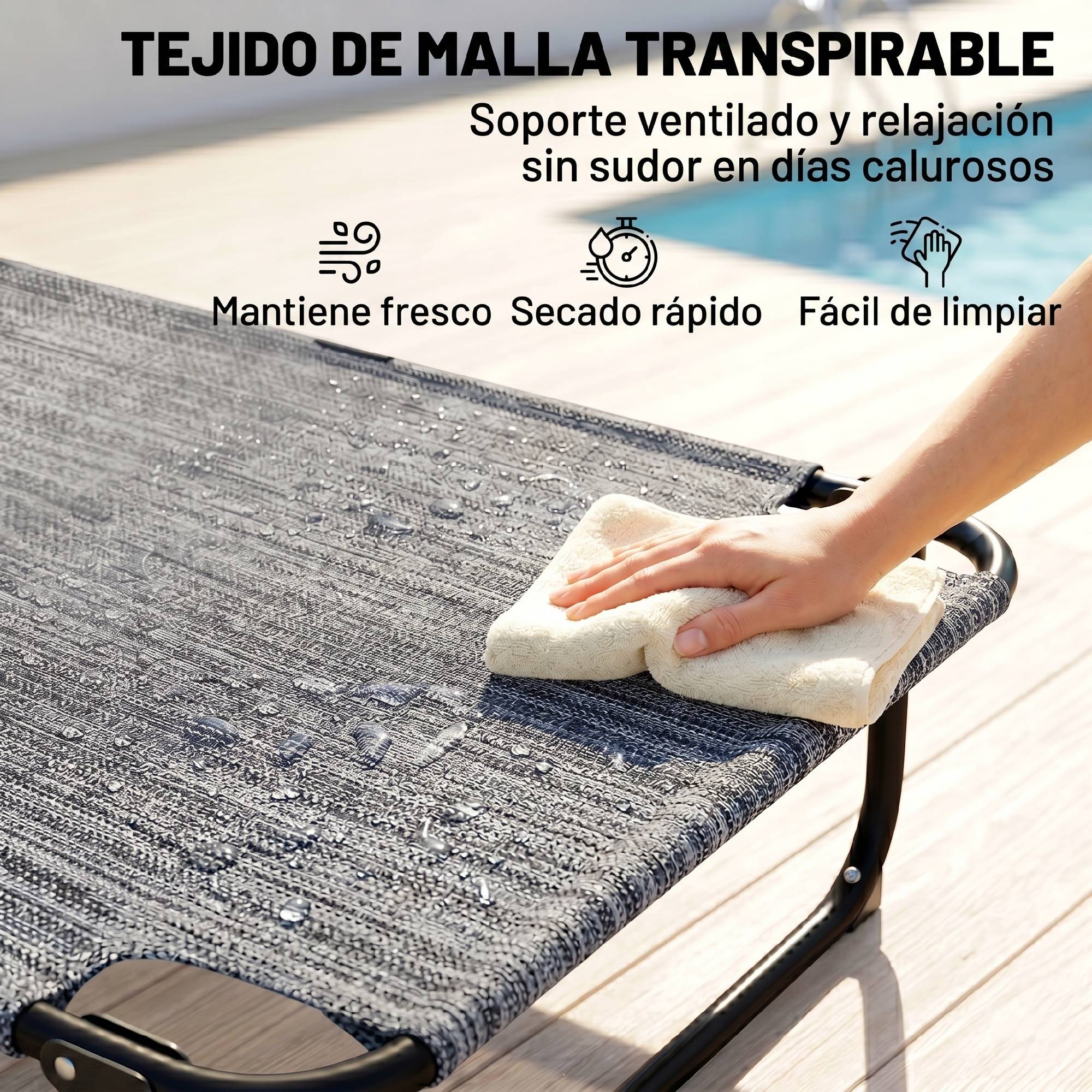 Transat de jardin pliable avec dossier réglable sur 4 positions, trou de lecture et appui-tête, 145 x 72 x 89 cm, gris - Image 8