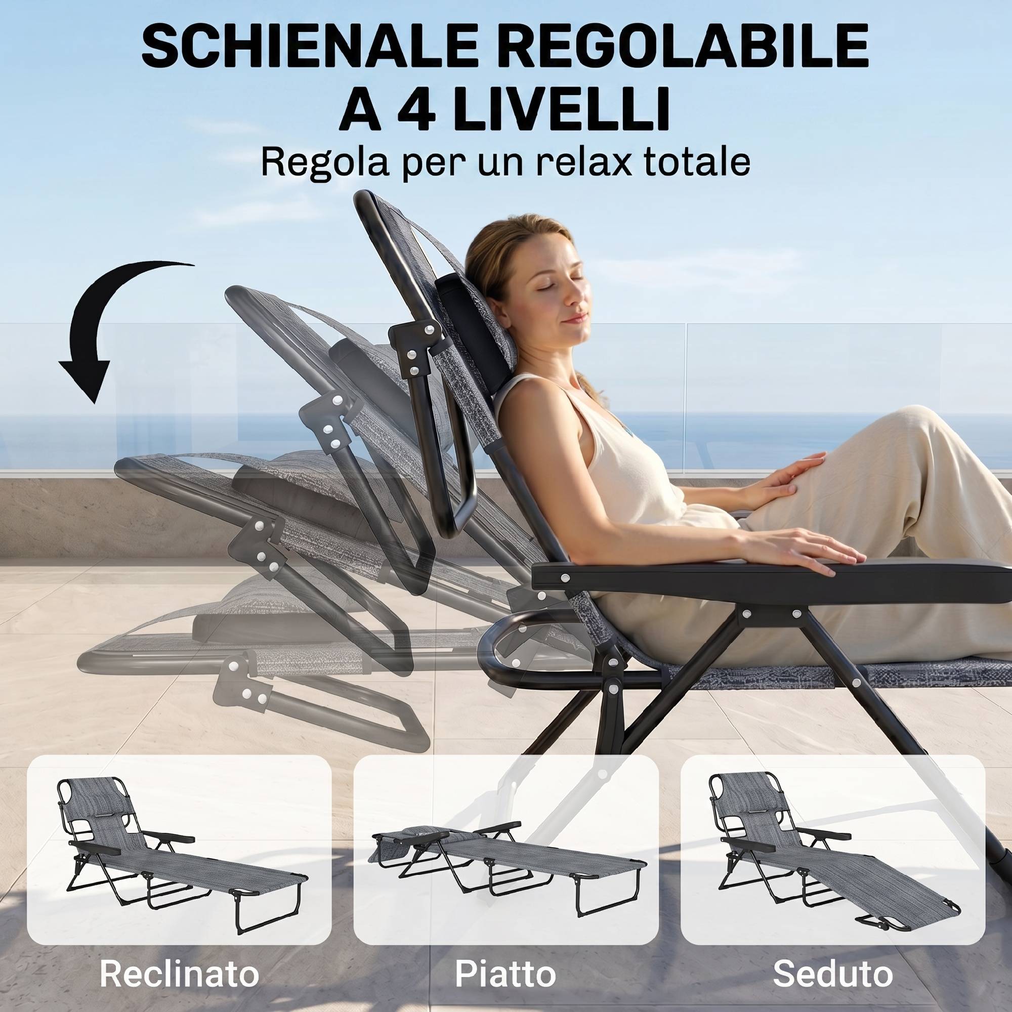 Transat de jardin pliable avec dossier réglable sur 4 positions, trou de lecture et appui-tête, 145 x 72 x 89 cm, gris - Image 7