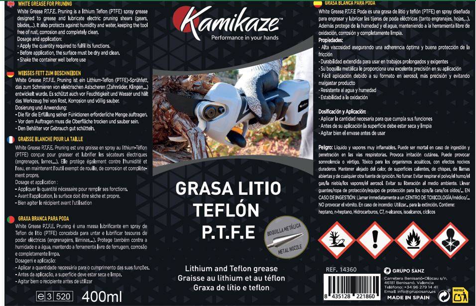 Kamikaze Graisse multifonction avec téflon aérosol 400 ml, graisse au lithium E.P. + PTFE pour vis, engrenages, câbles et chaînes. Lubrifiant - Image 2