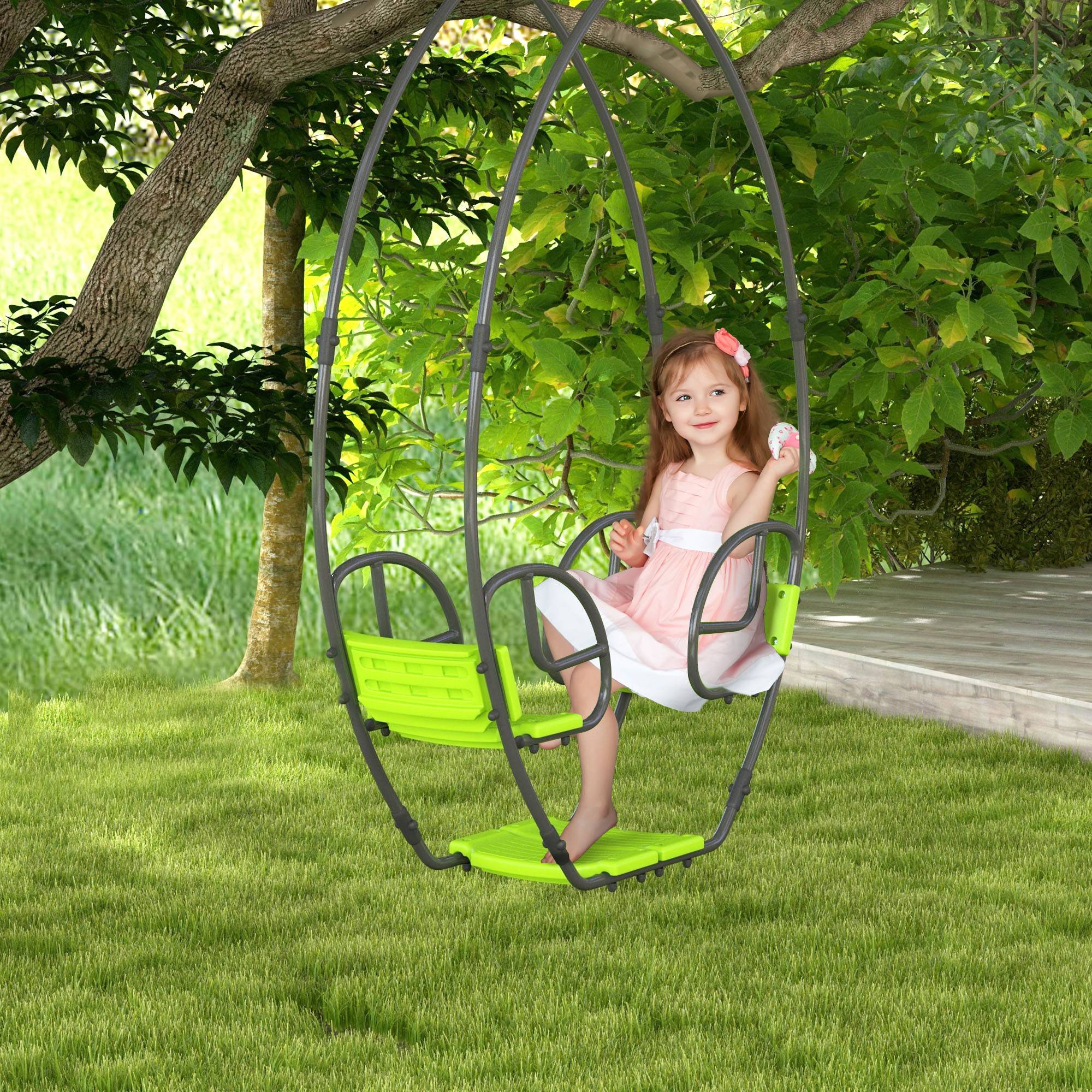 Outsunny - Balançoire agrès face à face enfant 3 à 6 ans - assises, dossiers, repose-pieds - acier gris PE vert - Outsunny - Imagen 2