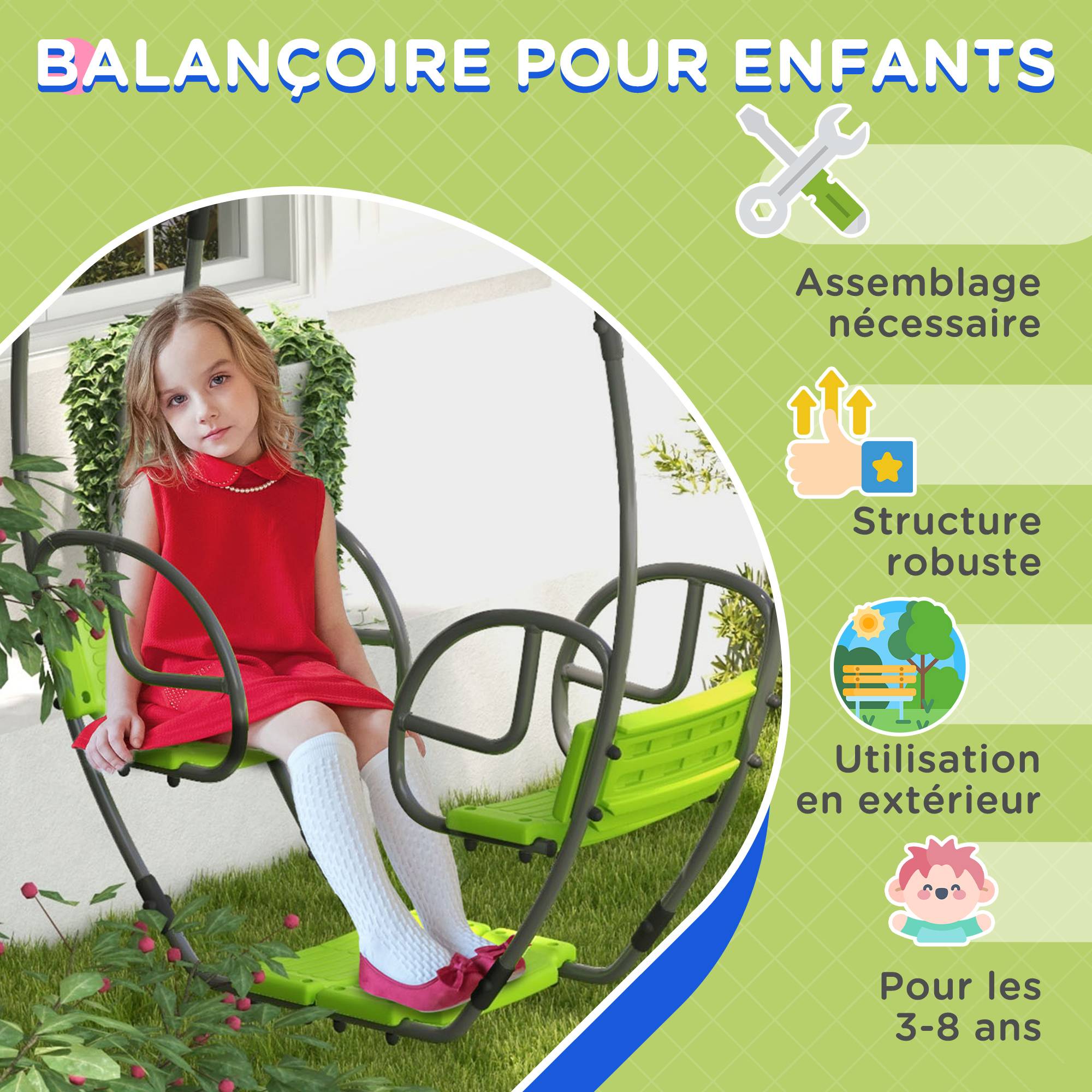 Outsunny - Balançoire agrès face à face enfant 3 à 6 ans - assises, dossiers, repose-pieds - acier gris PE vert - Outsunny - Imagen 7