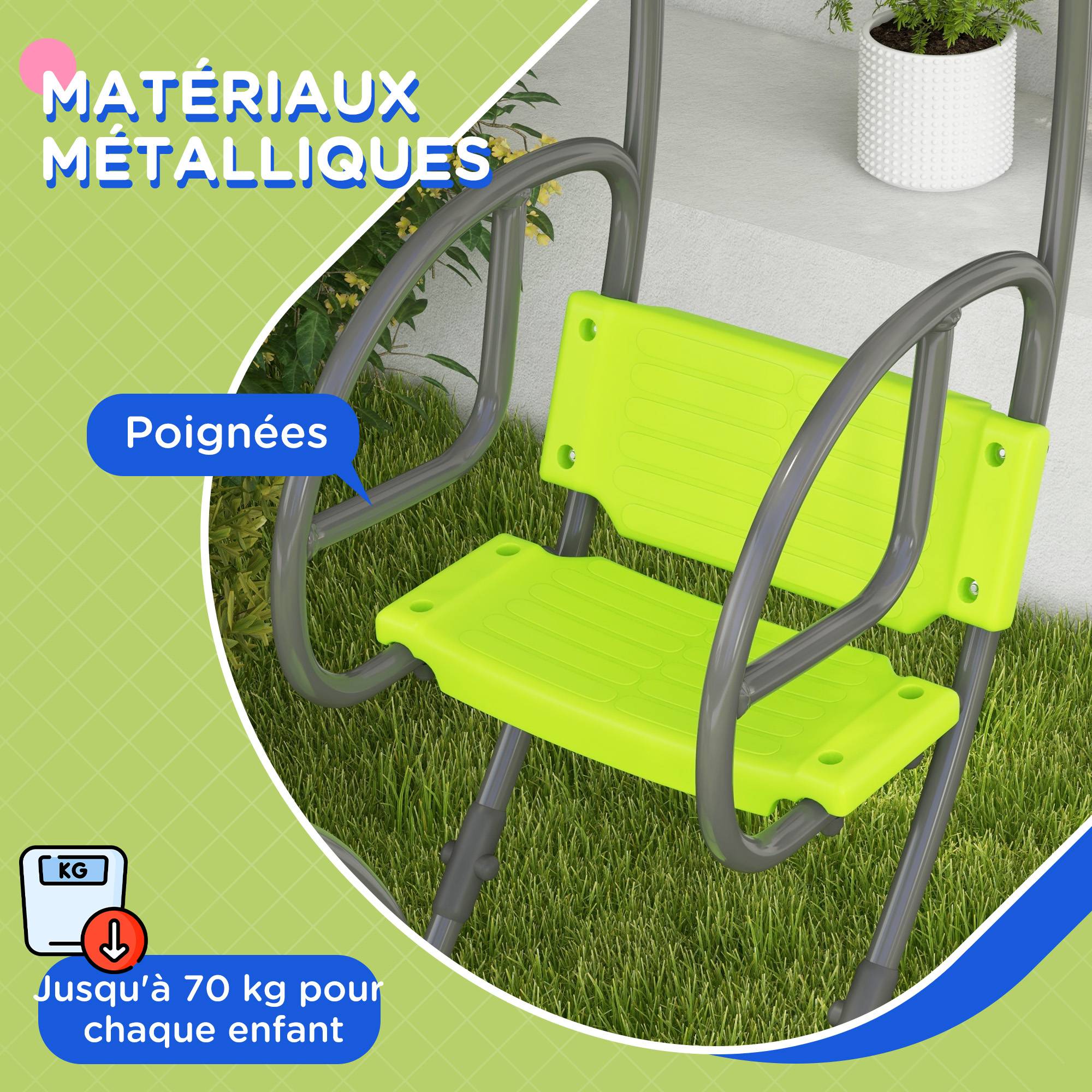 Outsunny - Balançoire agrès face à face enfant 3 à 6 ans - assises, dossiers, repose-pieds - acier gris PE vert - Outsunny - Imagen 5