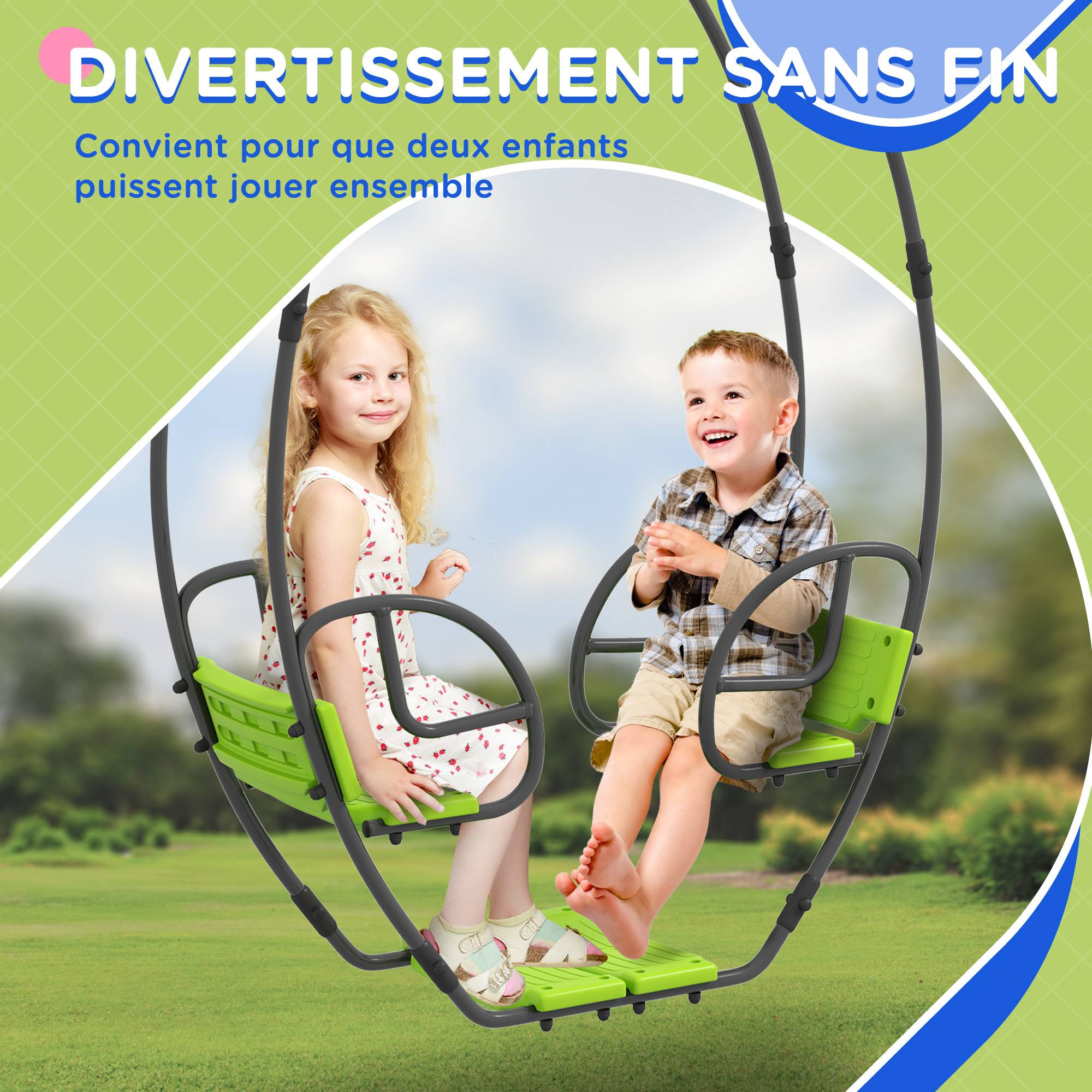 Outsunny - Balançoire agrès face à face enfant 3 à 6 ans - assises, dossiers, repose-pieds - acier gris PE vert - Outsunny - Imagen 6