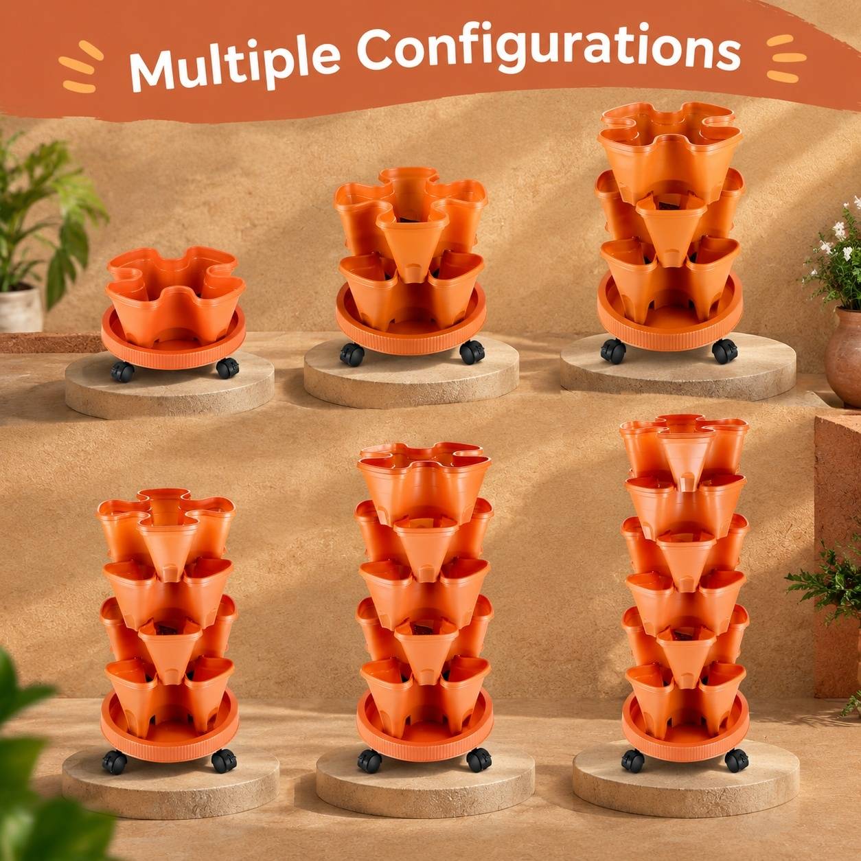 Lot de 6 Pots de Fleurs Empilables Tour Vertical avec Système d'Irrigation et Soucoupe Mobile - Image 6