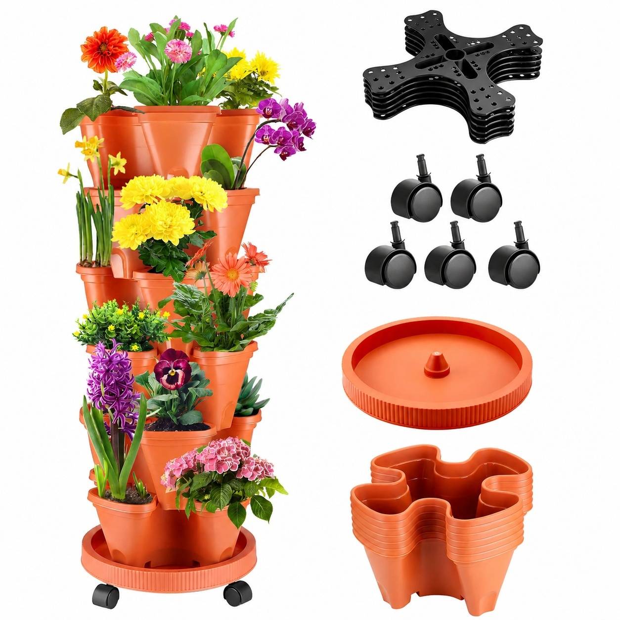 Lot de 6 Pots de Fleurs Empilables Tour Vertical avec Système d'Irrigation et Soucoupe Mobile