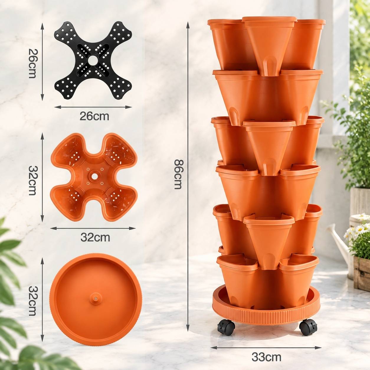 Lot de 6 Pots de Fleurs Empilables Tour Vertical avec Système d'Irrigation et Soucoupe Mobile - Image 5