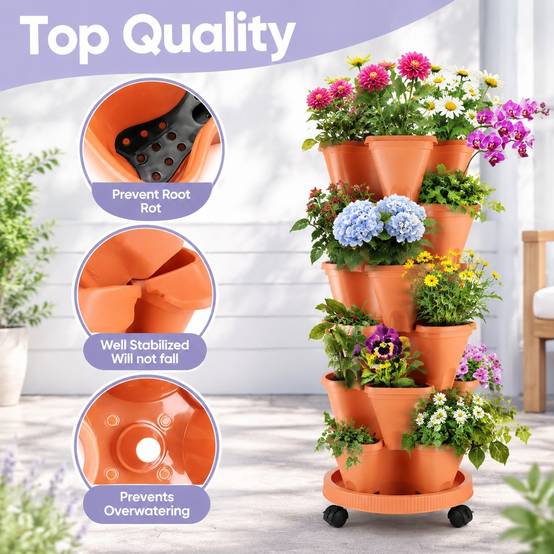 Lot de 6 Pots de Fleurs Empilables Tour Vertical avec Système d'Irrigation et Soucoupe Mobile - Image 4