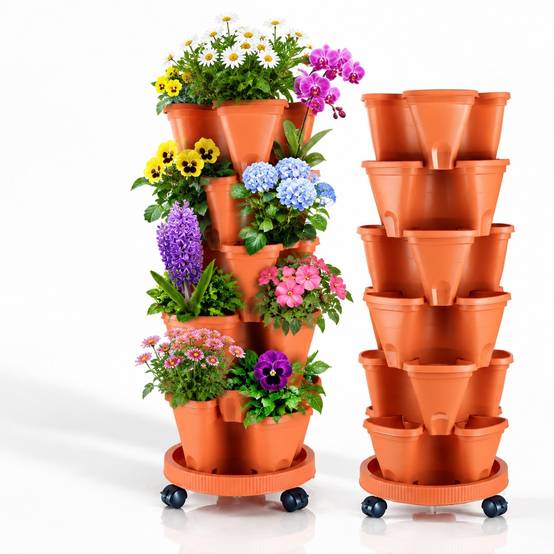 Lot de 6 Pots de Fleurs Empilables Tour Vertical avec Système d'Irrigation et Soucoupe Mobile - Image 2