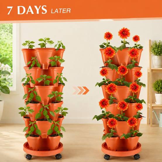 Lot de 6 Pots de Fleurs Empilables Tour Vertical avec Système d'Irrigation et Soucoupe Mobile - Image 7
