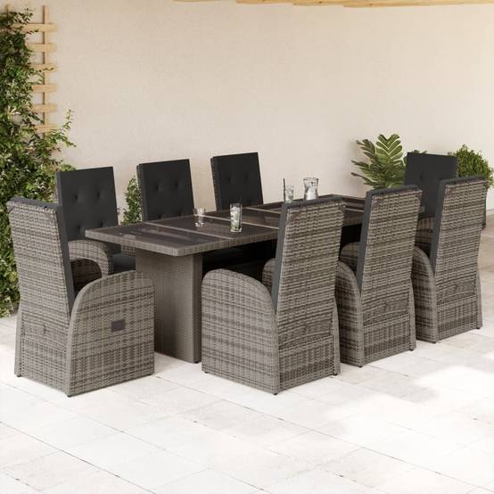 Salon de Jardin 8 Personnes Résine Tressée Chaises Inclinables Repose-pieds Table Verre Gris – ComfortXL Outdoor Living - Image 1
