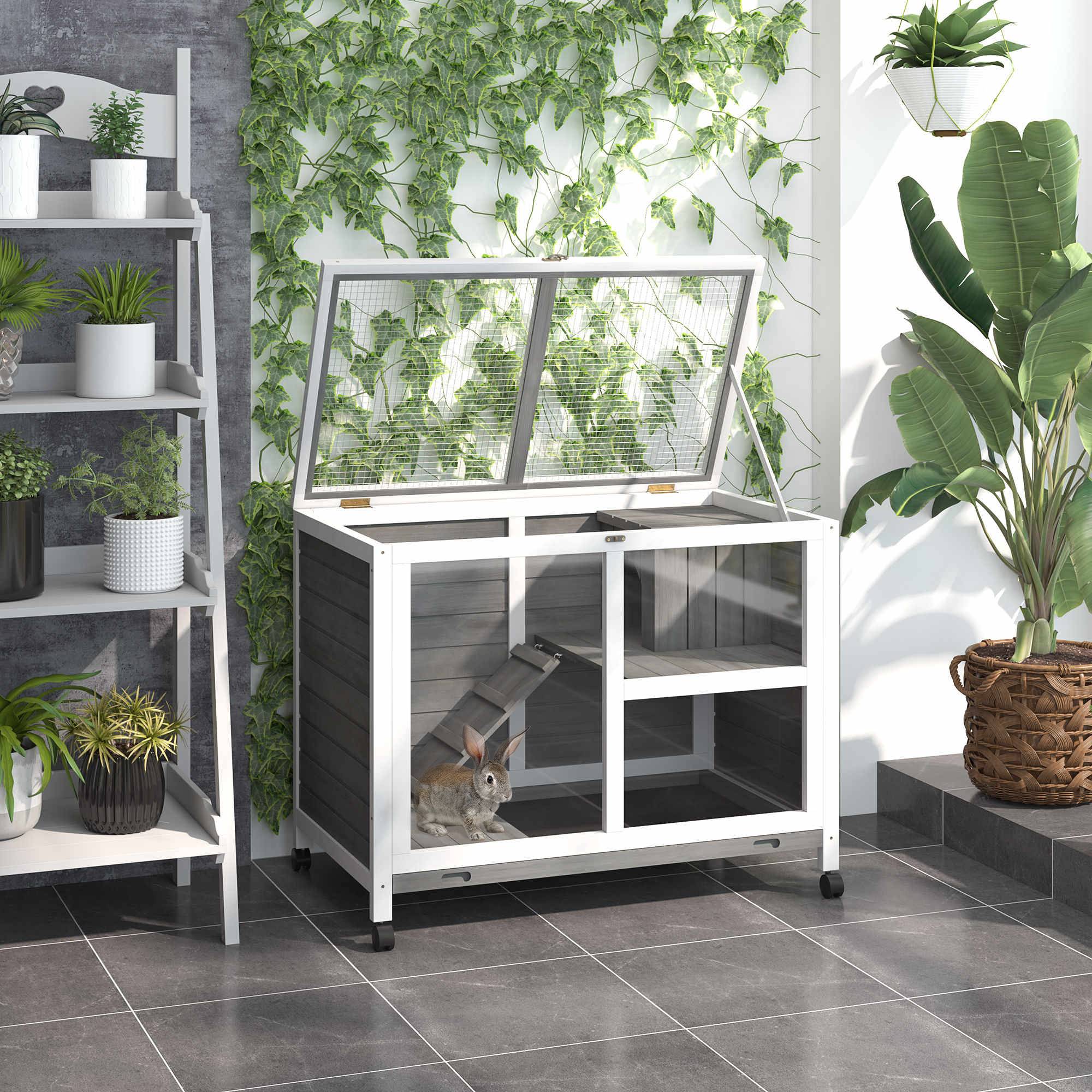Clapier lapin bois massif intérieur extérieur roulettes 91x53x73cm gris - ComfortXL Outdoor Living - Image 3