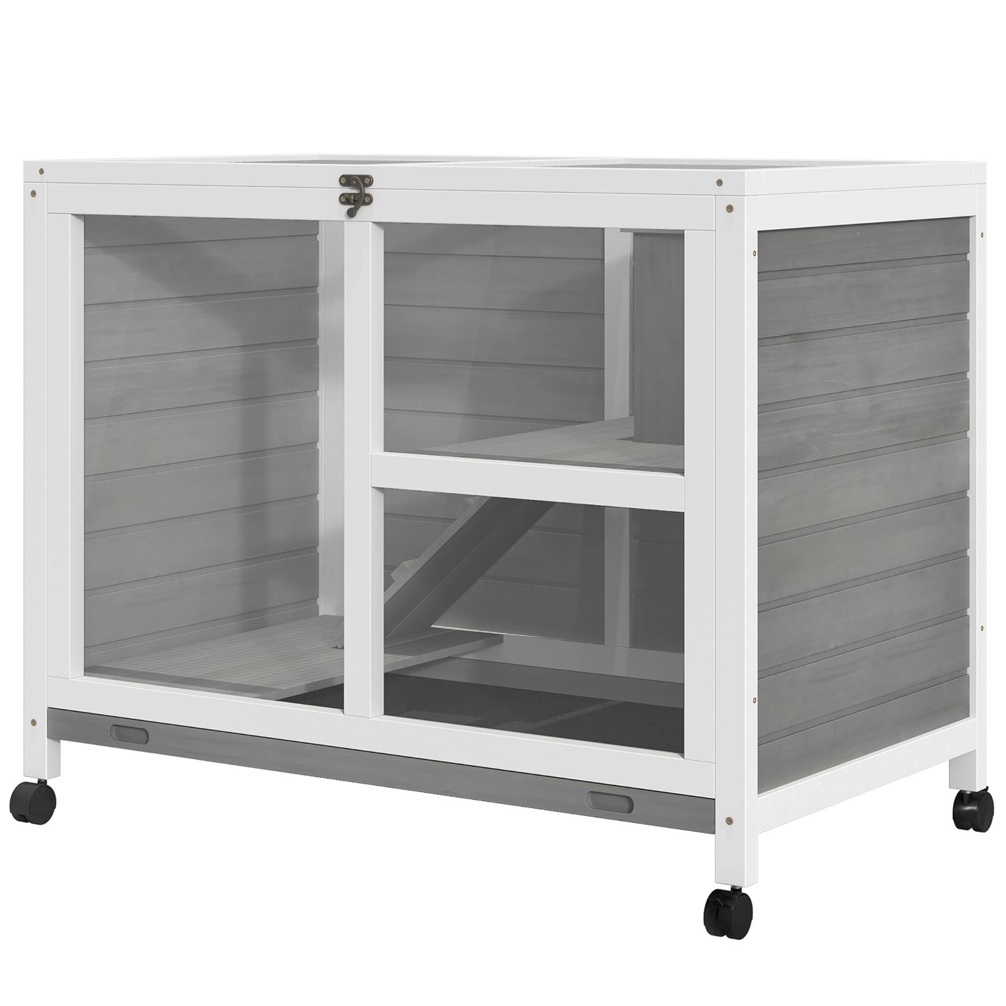 Clapier lapin bois massif intérieur extérieur roulettes 91x53x73cm gris - ComfortXL Outdoor Living - Image 2