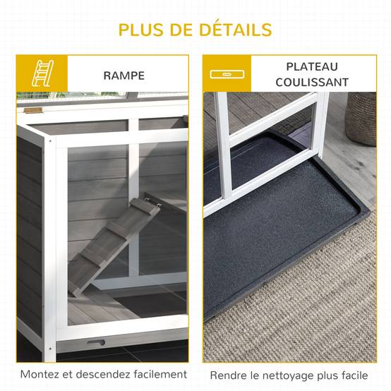 Clapier lapin bois massif intérieur extérieur roulettes 91x53x73cm gris - ComfortXL Outdoor Living - Image 9