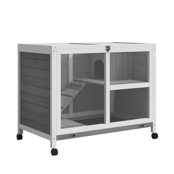 Clapier lapin bois massif intérieur extérieur roulettes 91x53x73cm gris - ComfortXL Outdoor Living - Image 1