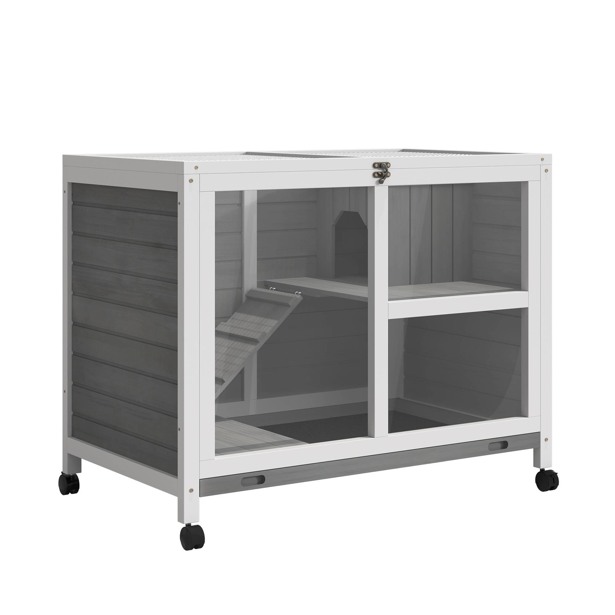 Clapier lapin bois massif intérieur extérieur roulettes 91x53x73cm gris - ComfortXL Outdoor Living