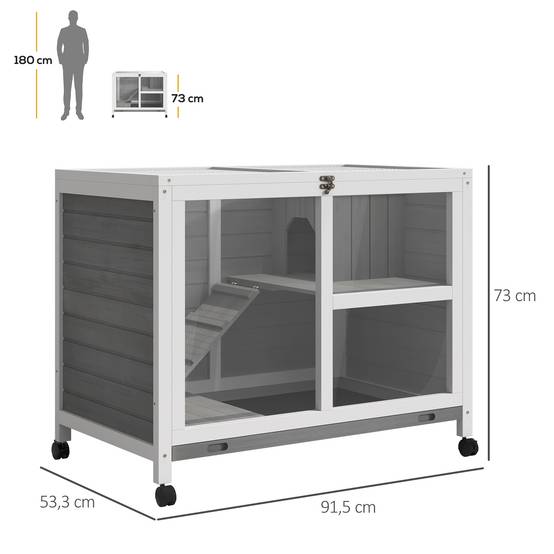 Clapier lapin bois massif intérieur extérieur roulettes 91x53x73cm gris - ComfortXL Outdoor Living - Image 5