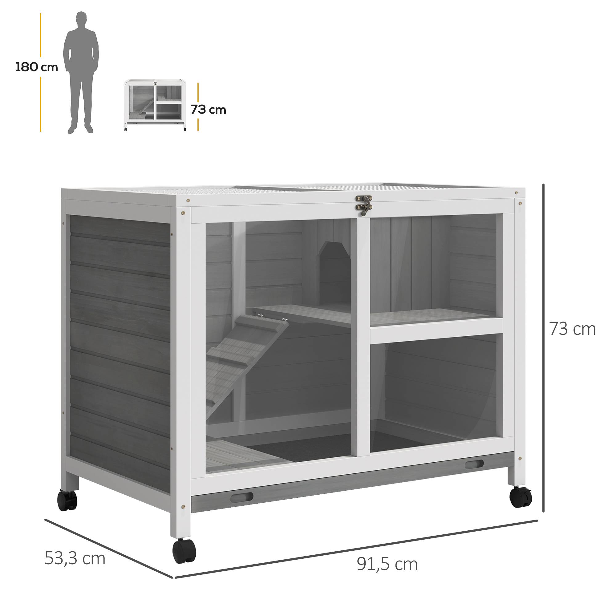 Clapier lapin bois massif intérieur extérieur roulettes 91x53x73cm gris - ComfortXL Outdoor Living - Image 5