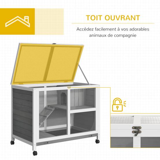 Clapier lapin bois massif intérieur extérieur roulettes 91x53x73cm gris - ComfortXL Outdoor Living - Image 7