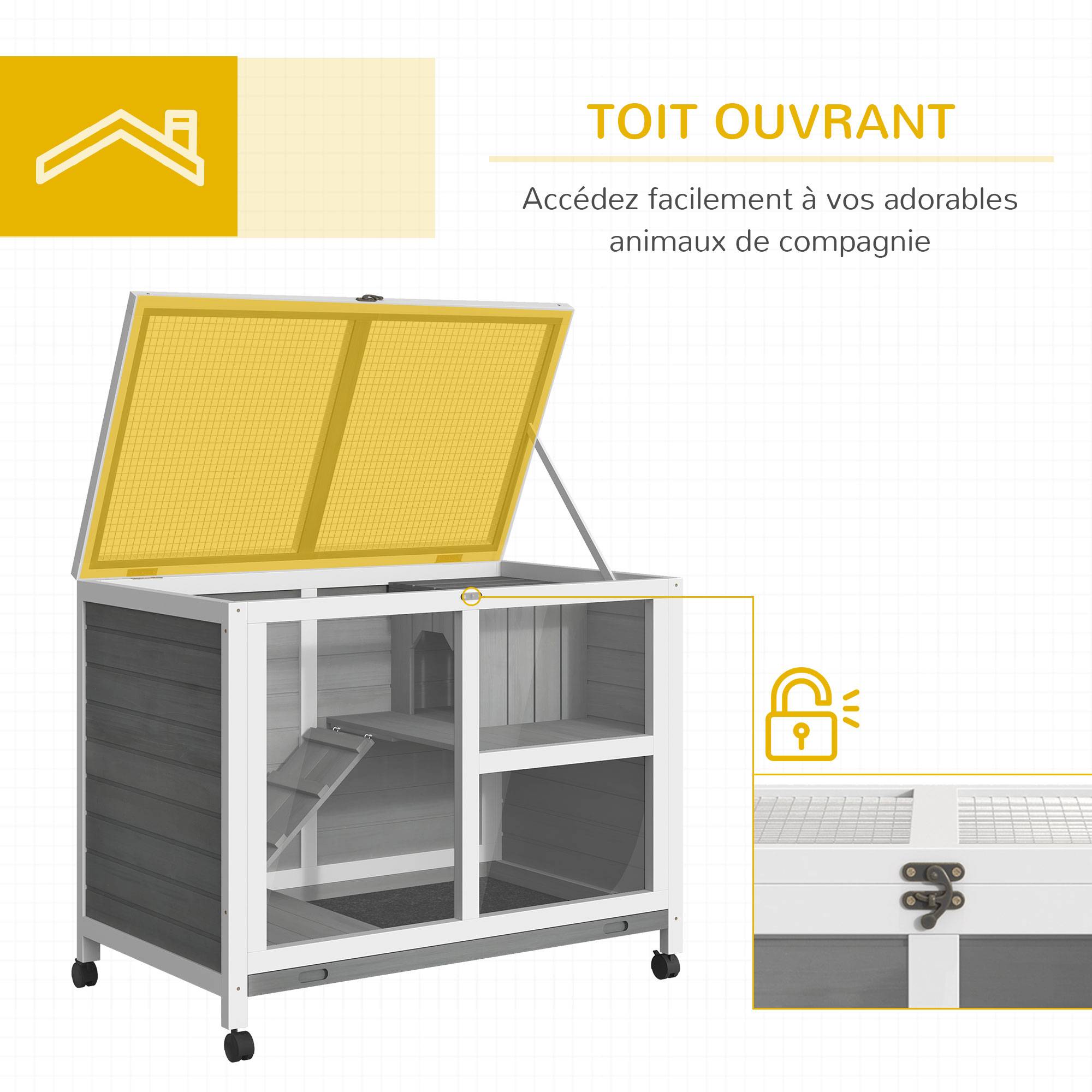 Clapier lapin bois massif intérieur extérieur roulettes 91x53x73cm gris - ComfortXL Outdoor Living - Image 7