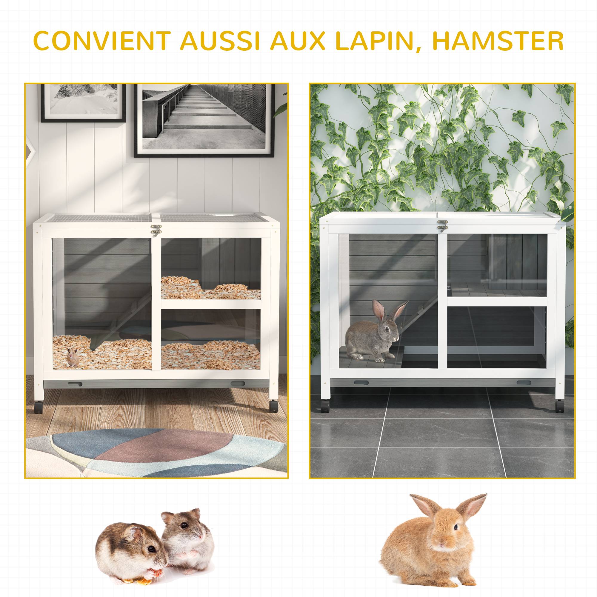 Clapier lapin bois massif intérieur extérieur roulettes 91x53x73cm gris - ComfortXL Outdoor Living - Image 10