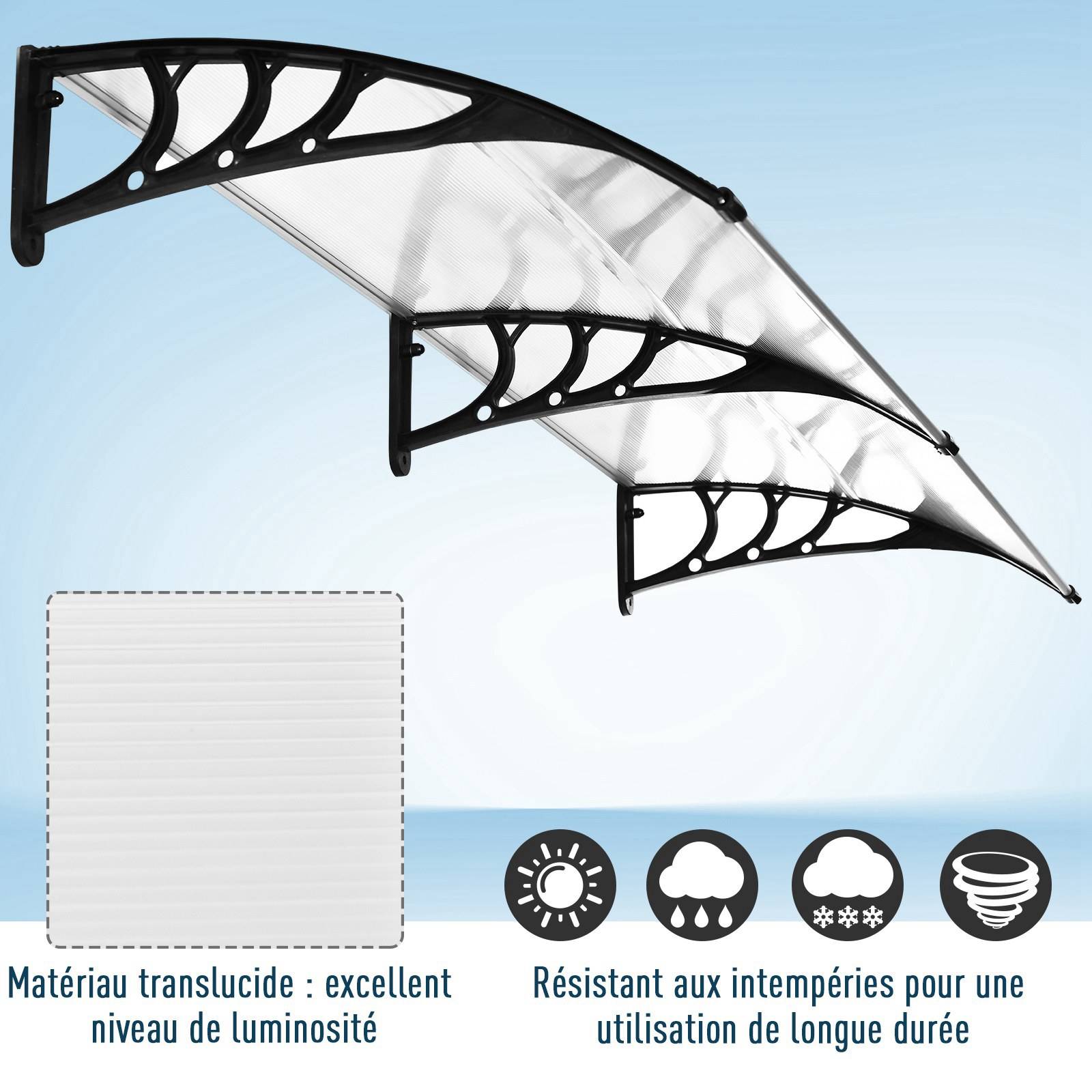 Outsunny - Auvent marquise de porte design voûté arrondi dim. 195L x 80l x 23H cm polycarbonate plastique noir - Outsunny - Imagen 5