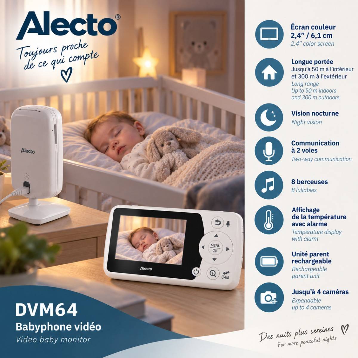 Babyphone vidéo Caméra écran couleur 2,4 pouces Vision nocturne VOX Interphone Portée 50 m Alecto - Image 3