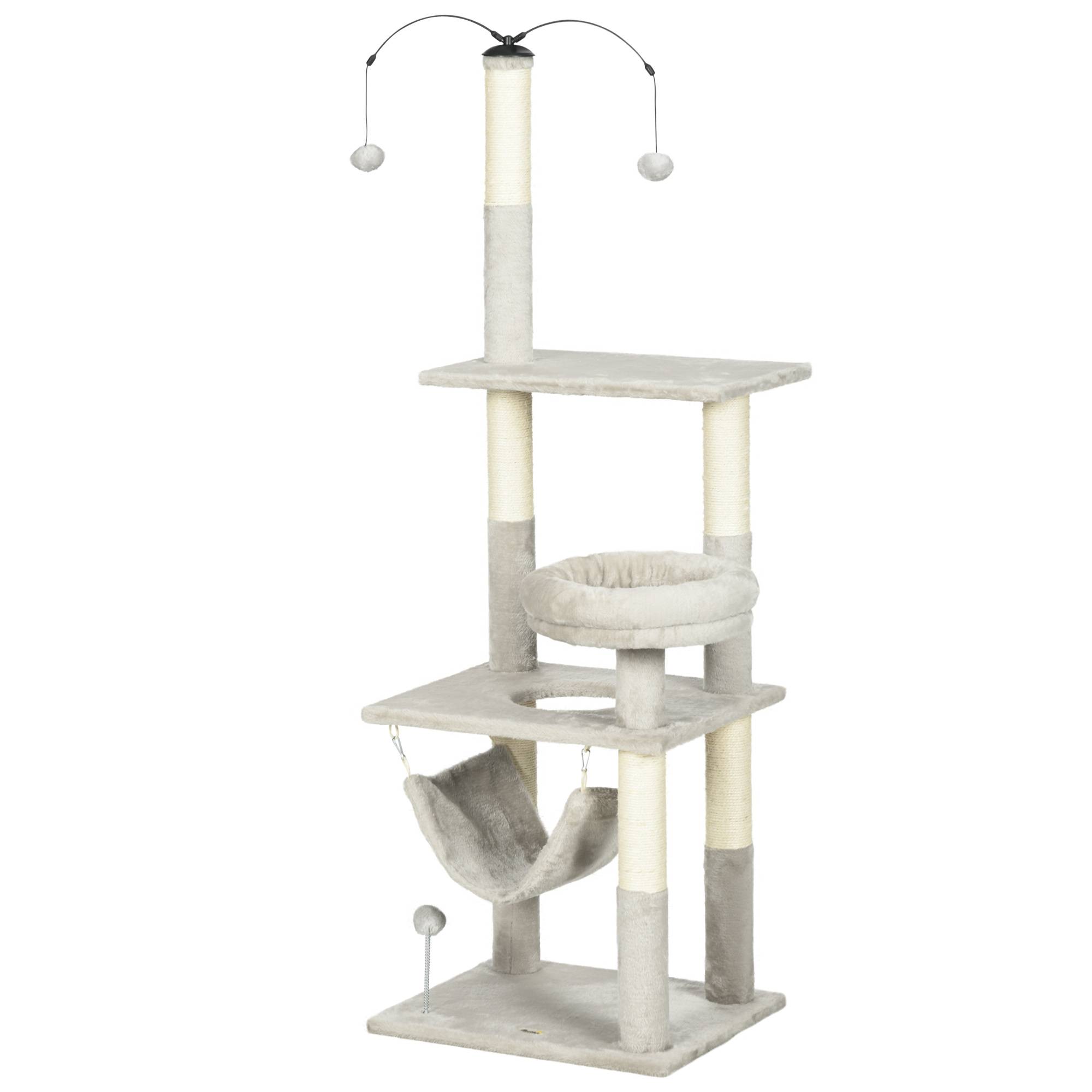 Pawhut - Arbre à chat griffoirs sisal naturel plateforme panier hamac boules suspendues et à ressort peluche gris clair - Imagen 1