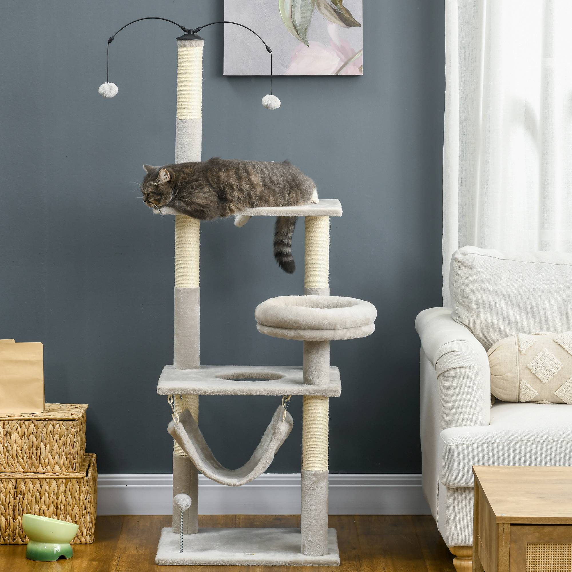 Pawhut - Arbre à chat griffoirs sisal naturel plateforme panier hamac boules suspendues et à ressort peluche gris clair - Imagen 4