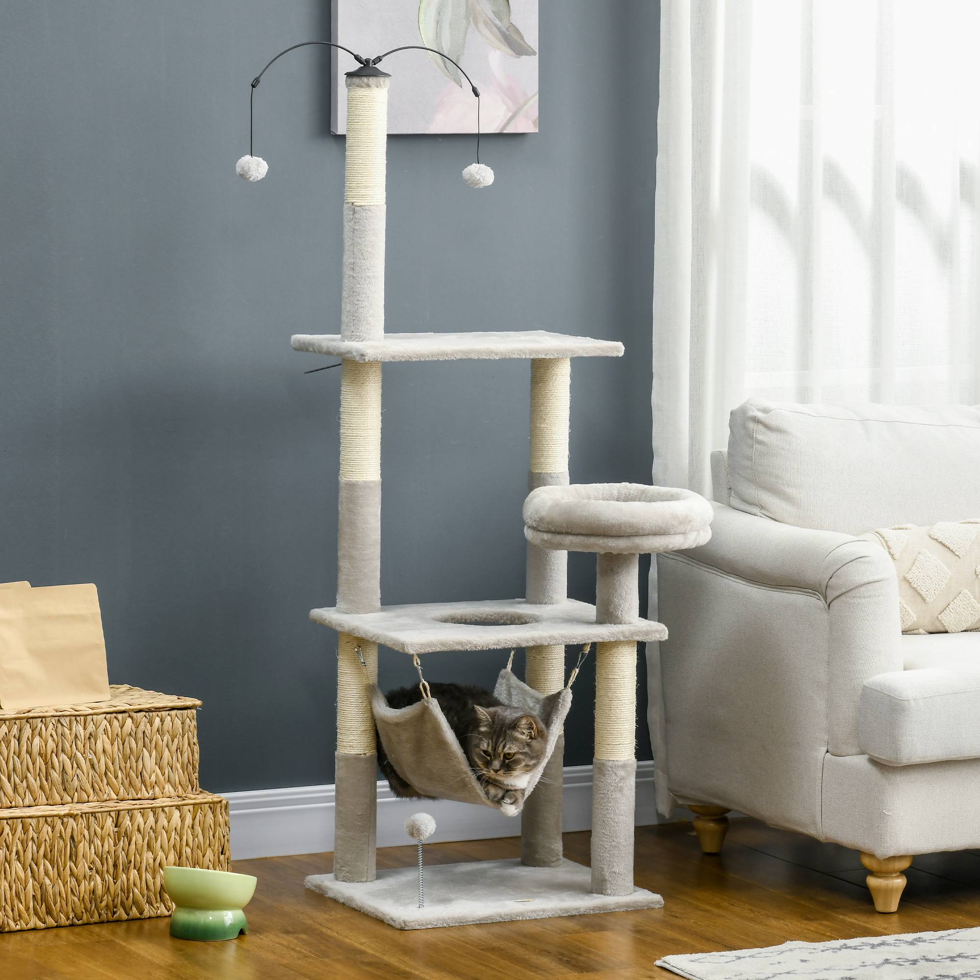 Pawhut - Arbre à chat griffoirs sisal naturel plateforme panier hamac boules suspendues et à ressort peluche gris clair - Imagen 2