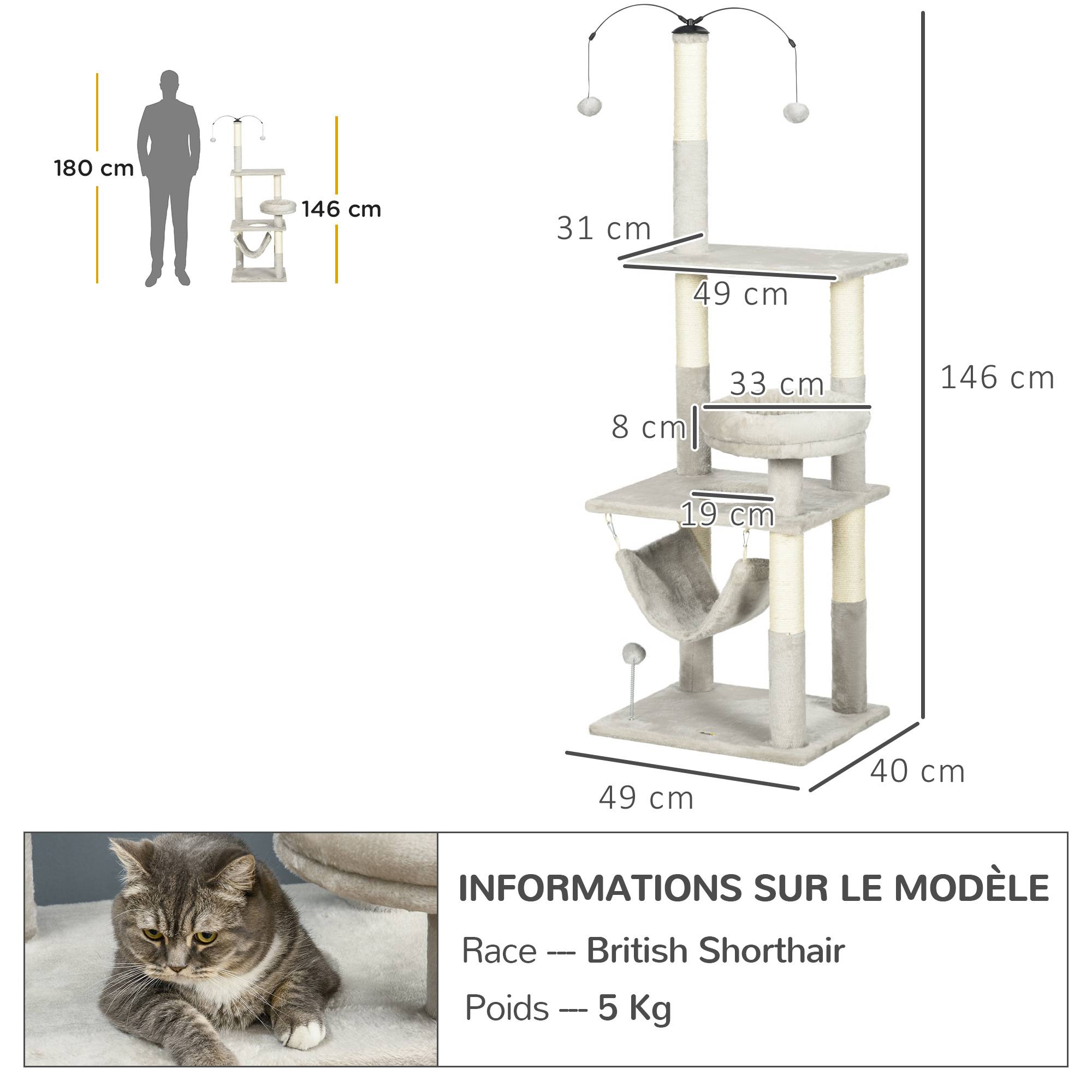 Pawhut - Arbre à chat griffoirs sisal naturel plateforme panier hamac boules suspendues et à ressort peluche gris clair - Imagen 3