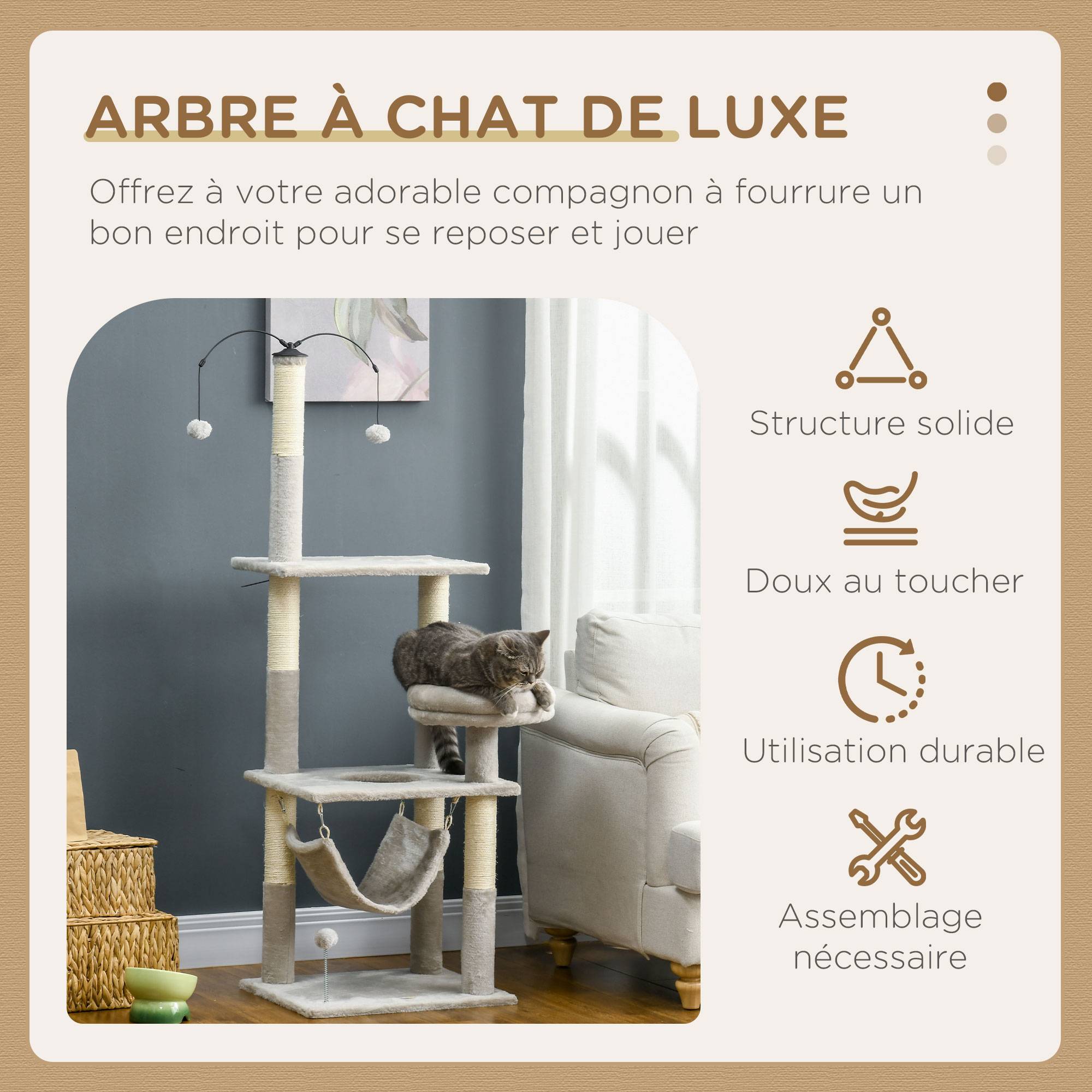 Pawhut - Arbre à chat griffoirs sisal naturel plateforme panier hamac boules suspendues et à ressort peluche gris clair - Imagen 5