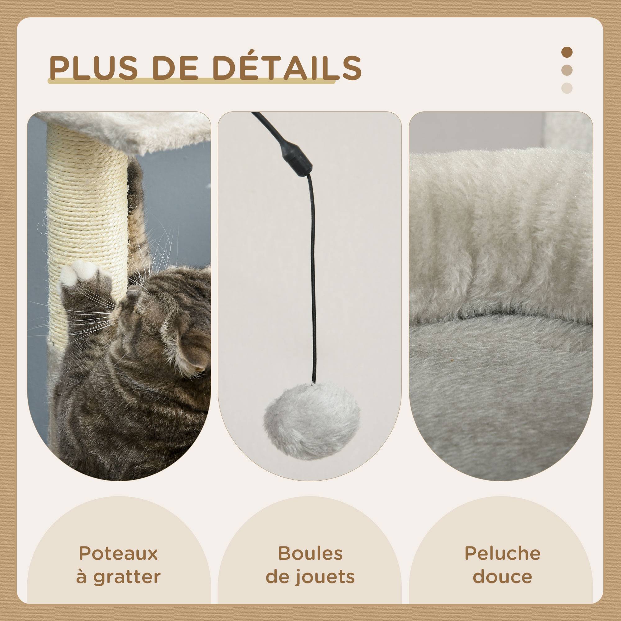 Pawhut - Arbre à chat griffoirs sisal naturel plateforme panier hamac boules suspendues et à ressort peluche gris clair - Imagen 7